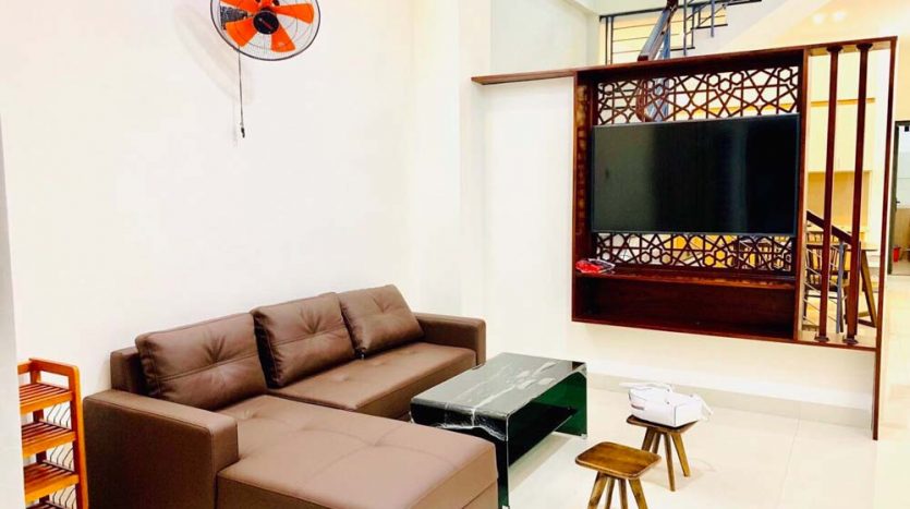 A living room in Da Nang, Vietnam with a brown couch and a fan.
