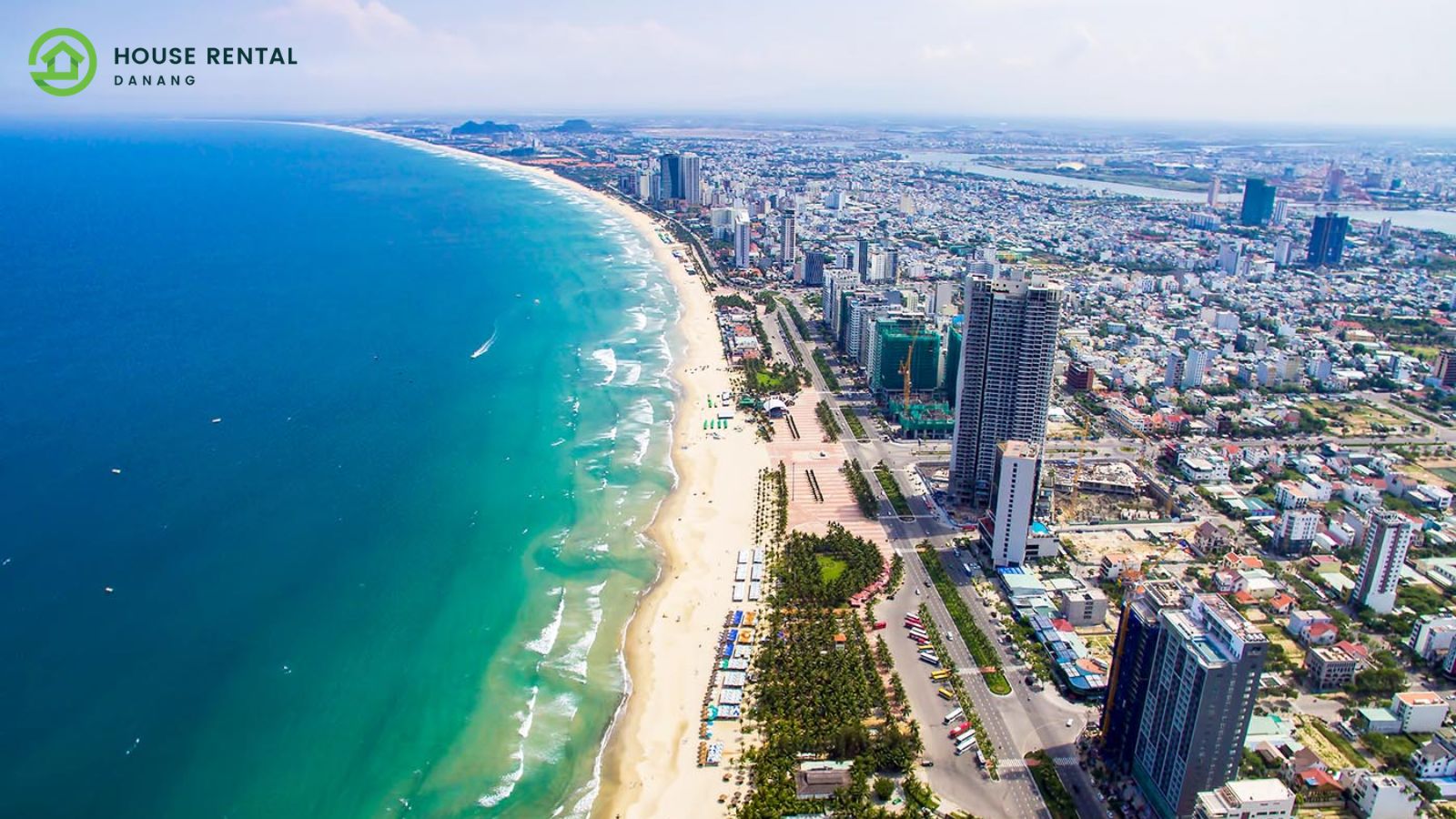 An aerial view of a beach city.