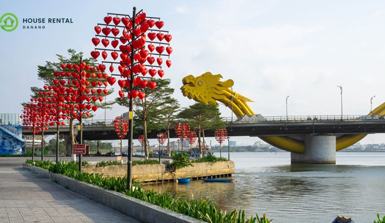 A bridge in Da Nang adorned with red lanterns.