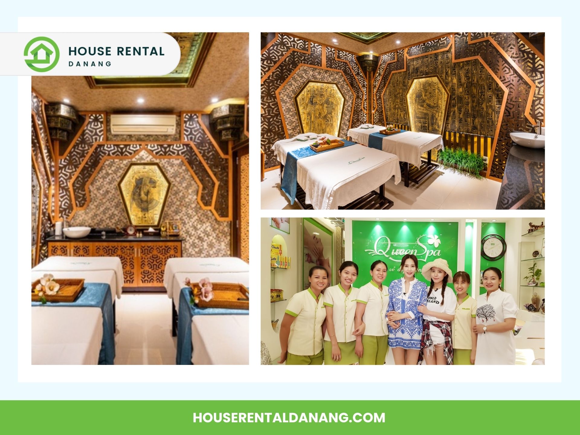 A collage showcasing spa rooms with massage tables and intricate decor, alongside a group photo of five women in spa uniforms standing next to customers. Text reads "House Rental Danang" and "houserentaldanang.com," featuring some of the best Vietnamese spas in Da Nang.