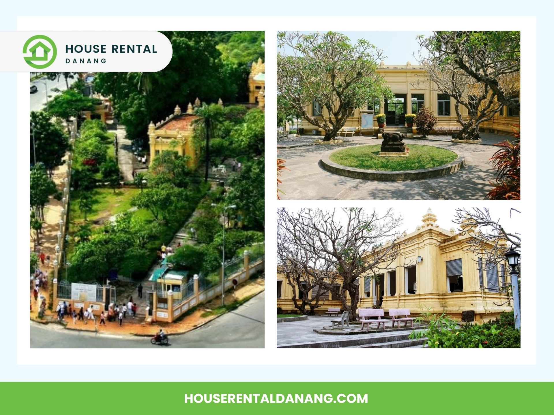Collage of historic yellow buildings with arched windows surrounded by gardens and trees in Danang, Vietnam, featuring the logo and website for House Rental Danang. Nearby, explore the Museum of Cham Sculpture in Da Nang for a blend of culture and history.