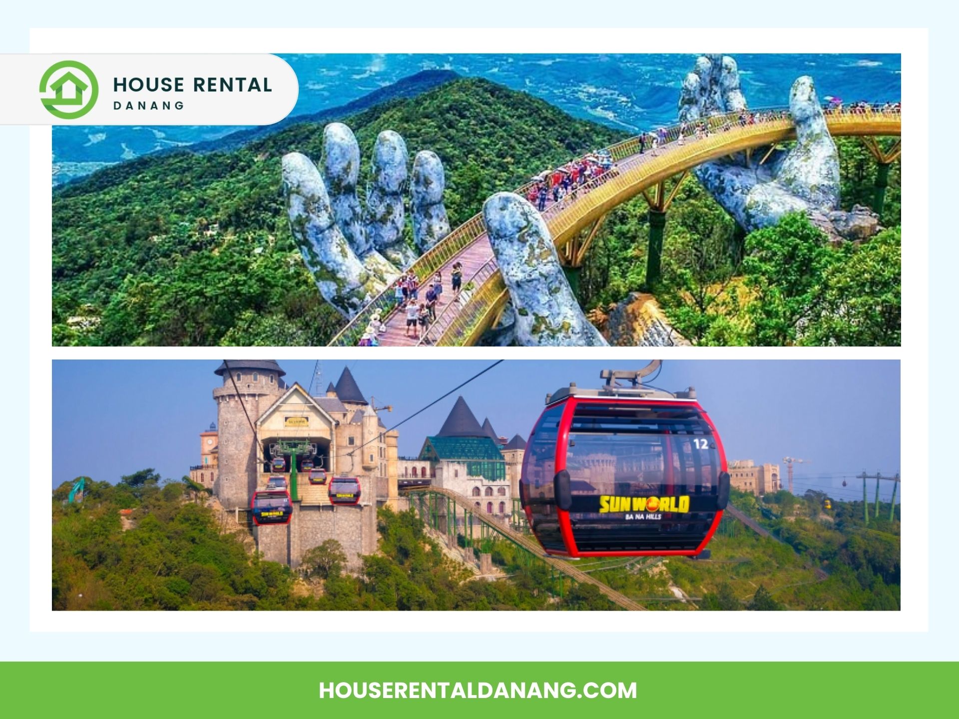 Two images: The top shows a pedestrian bridge held by giant stone hands in a lush, hilly area. The bottom shows colorful cable cars labeled "Sun World" with a castle-like structure in the background, highlighting two of the best places to visit in Da Nang.
