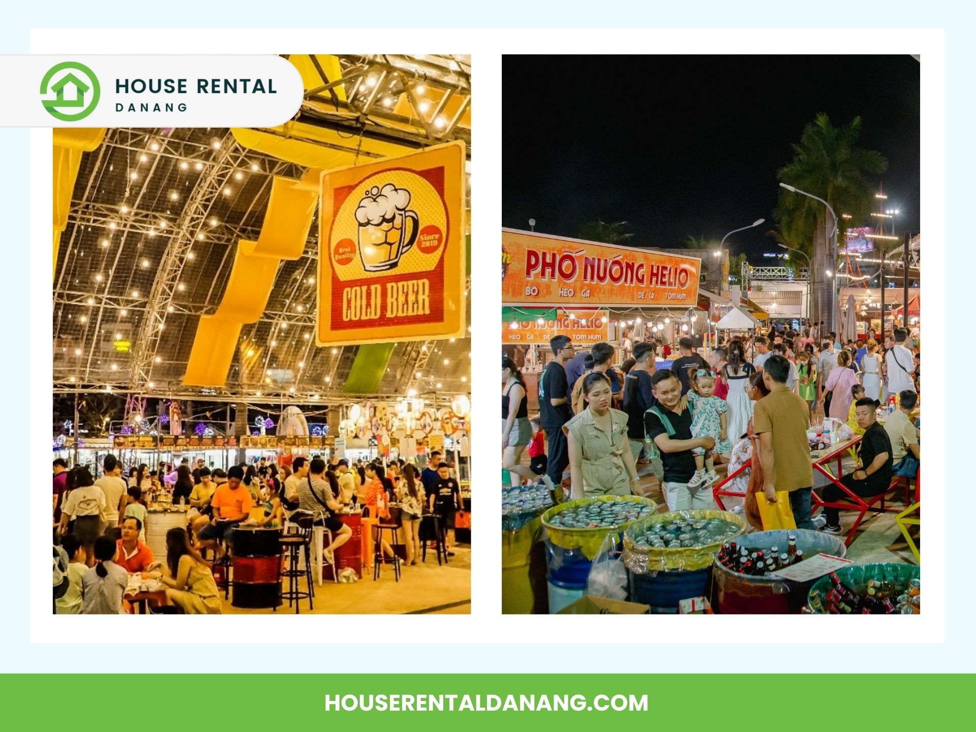         Split image: Left - Indoor seating with hanging lights and "Cold Beer" sign above tables with patrons. Right - Bustling outdoor night market in Danang with vendors and people walking among food stalls.