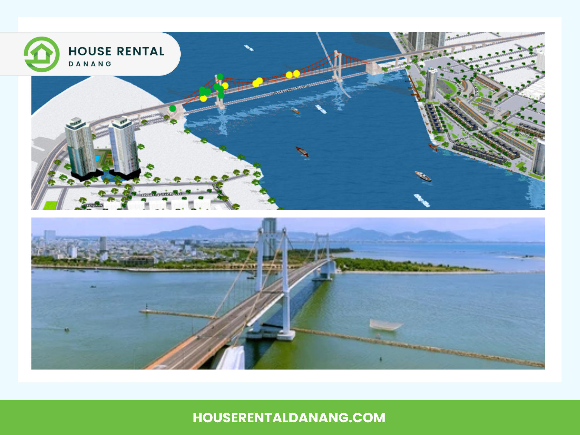 Two images of Thuan Phuoc Bridge are shown, one as a rendered graphic with a top-down view and the other as a real-life photo of the bridge spanning a body of water. Text reads "House Rental Danang.