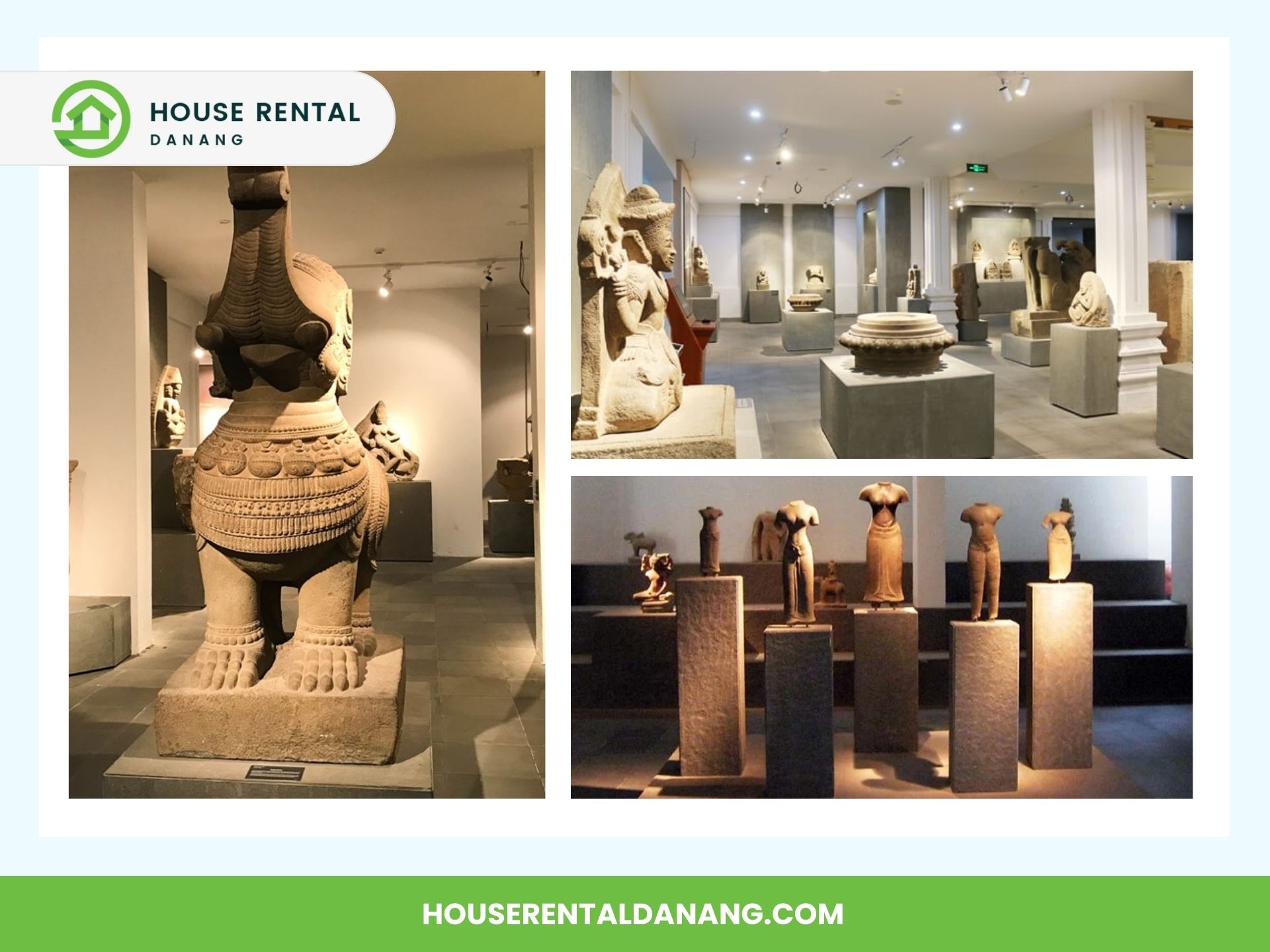 Various stone sculptures displayed in a museum exhibit, showcasing artifacts of different shapes and sizes. The display covers multiple rooms with ambient lighting. Banner reads "HOUSE RENTAL DANANG" at the Museum of Cham Sculpture in Da Nang.