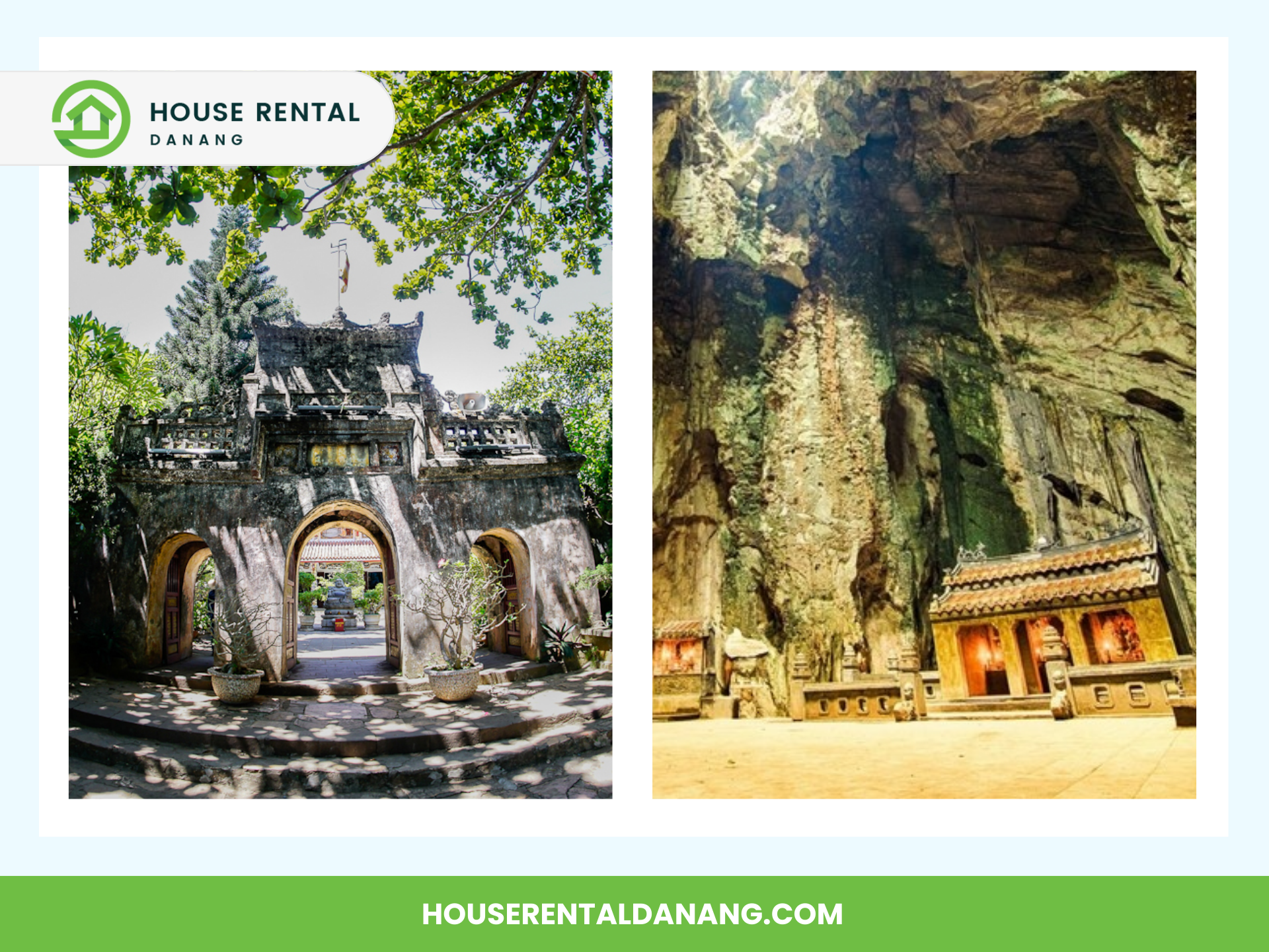 A stone entrance gate surrounded by foliage on the left, and an ancient temple inside a rocky cave on the right, both in Da Nang's Marble Mountains. House Rental Da Nang logo and URL are shown.