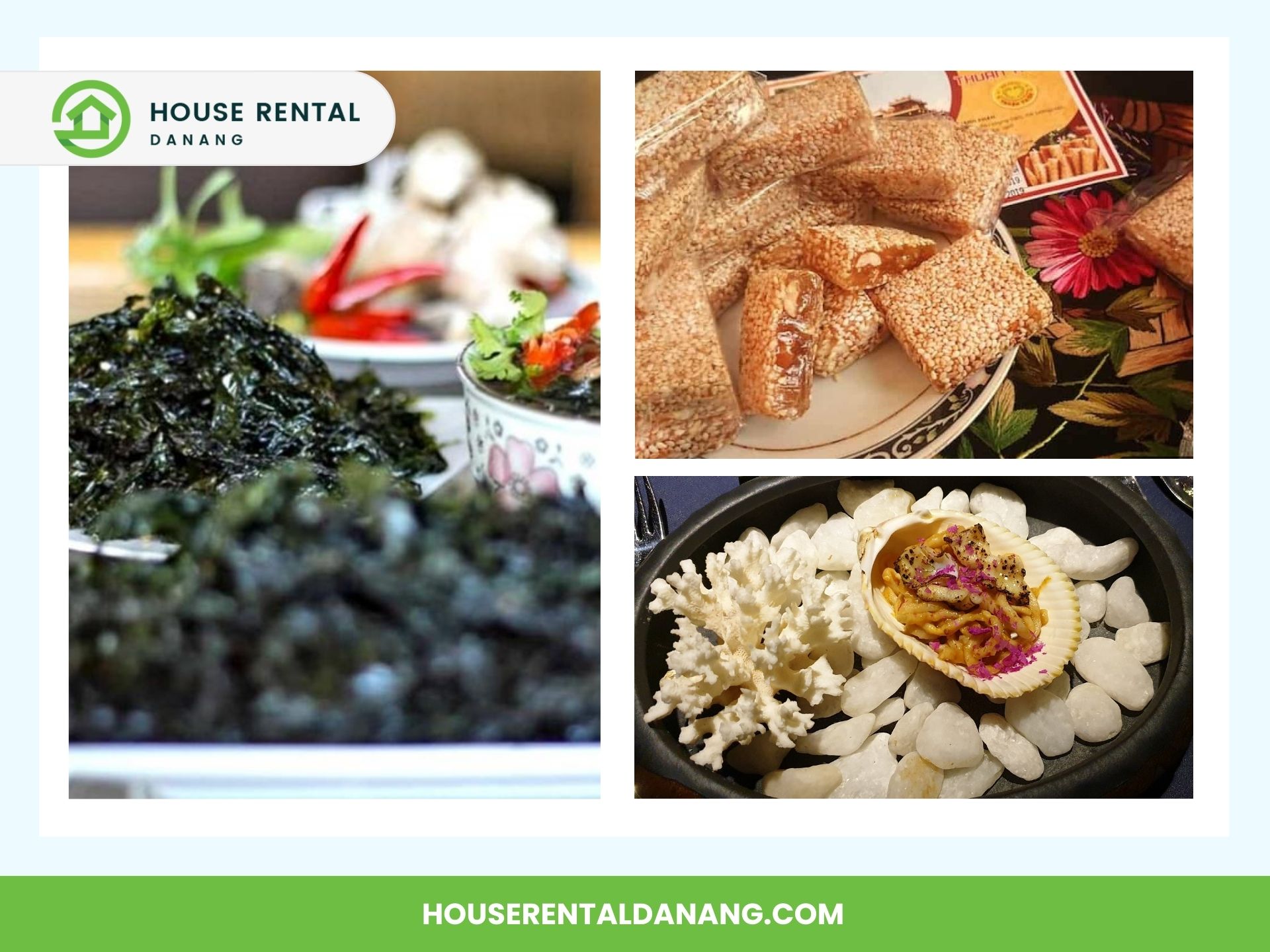 A collage image featuring seaweed, sesame bars, and a dish with white mushrooms on a black tray, highlighting culinary delights and used in a promotional context for House Rental Danang. Discover these delicacies at the best places for shopping in Da Nang!