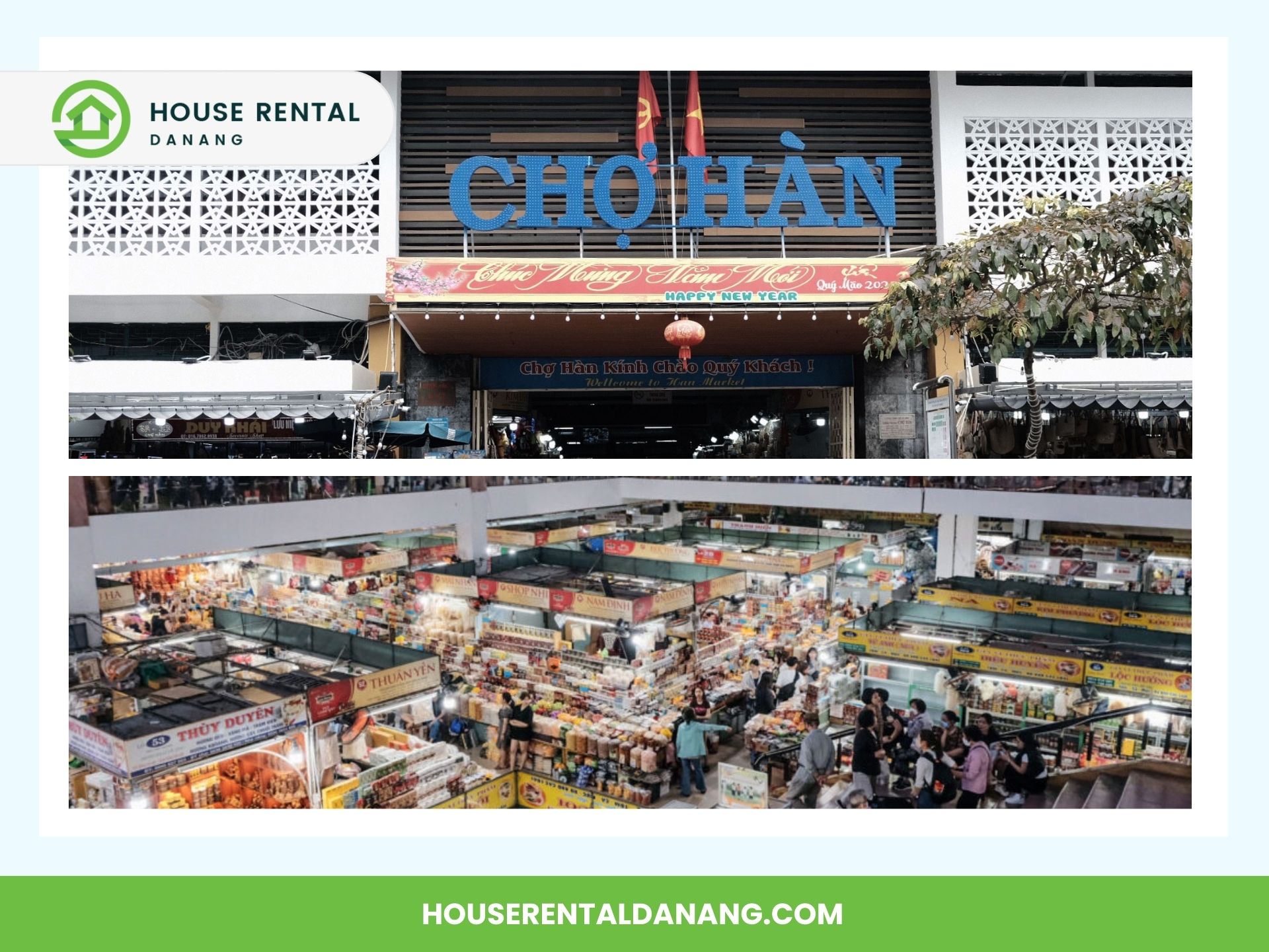 Exterior and interior views of Chợ Hàn market in Danang, one of the best places to visit in Da Nang, displaying the entrance and various stalls inside.