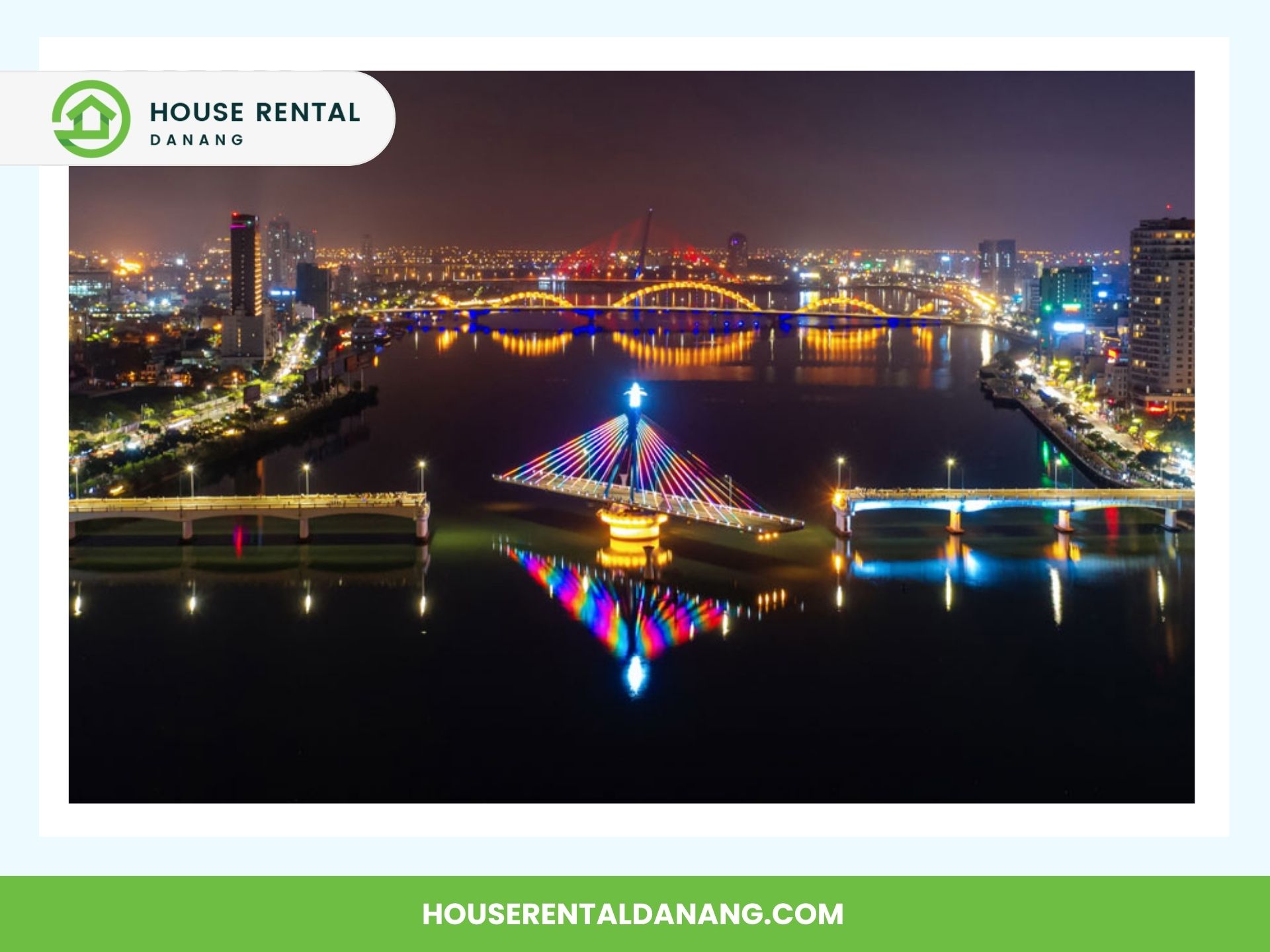 A nighttime view of Danang City featuring the illuminated Han River Bridge over a river, vibrant city lights, and a colorfully lit boat. Text: "HOUSE RENTAL DANANG" with a website URL at the bottom.