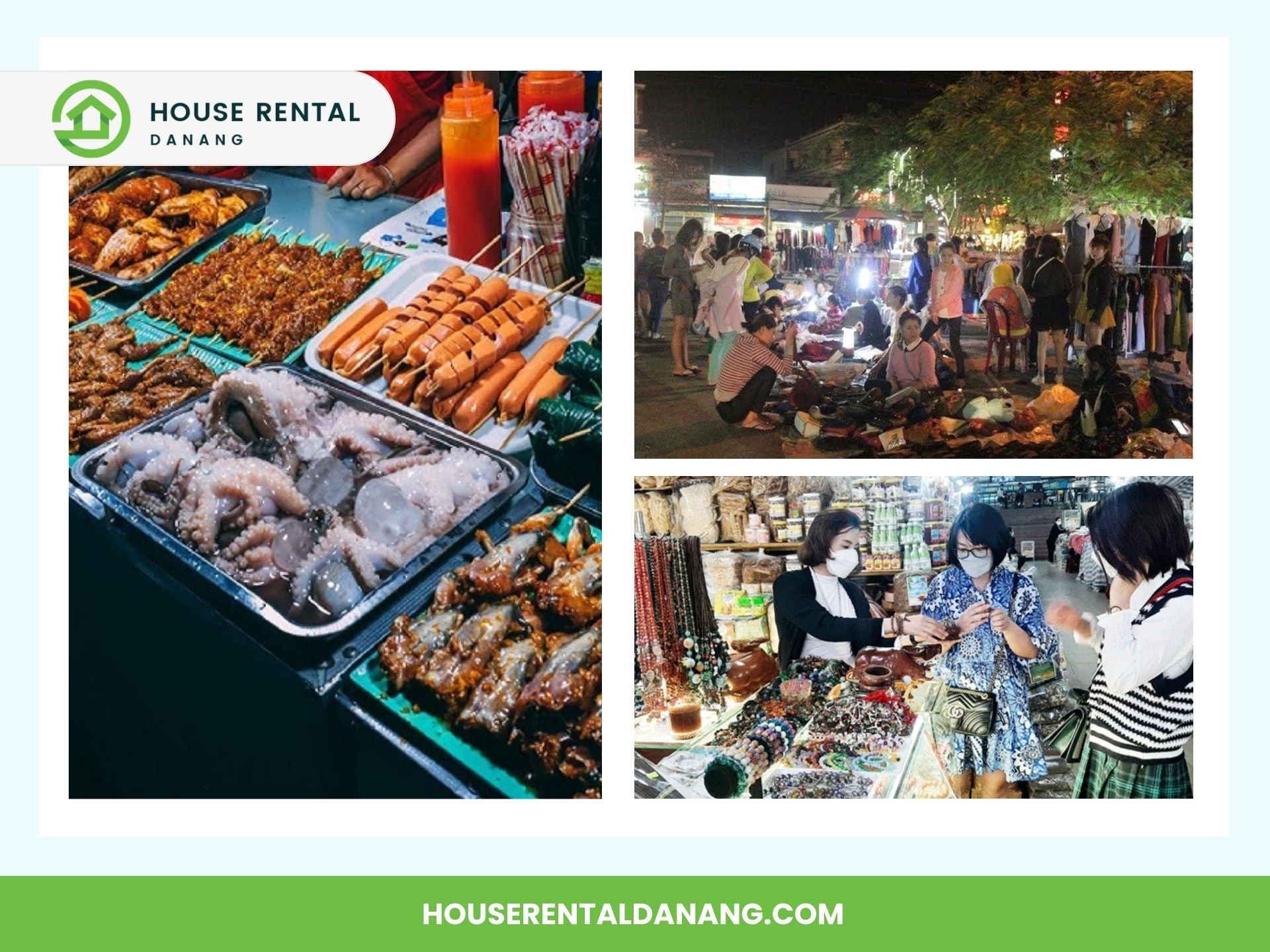 A collage showcasing street food like seafood and sausages, a bustling night market in Danang, and people shopping for jewelry and accessories. The image includes the branding for House Rental Danang.