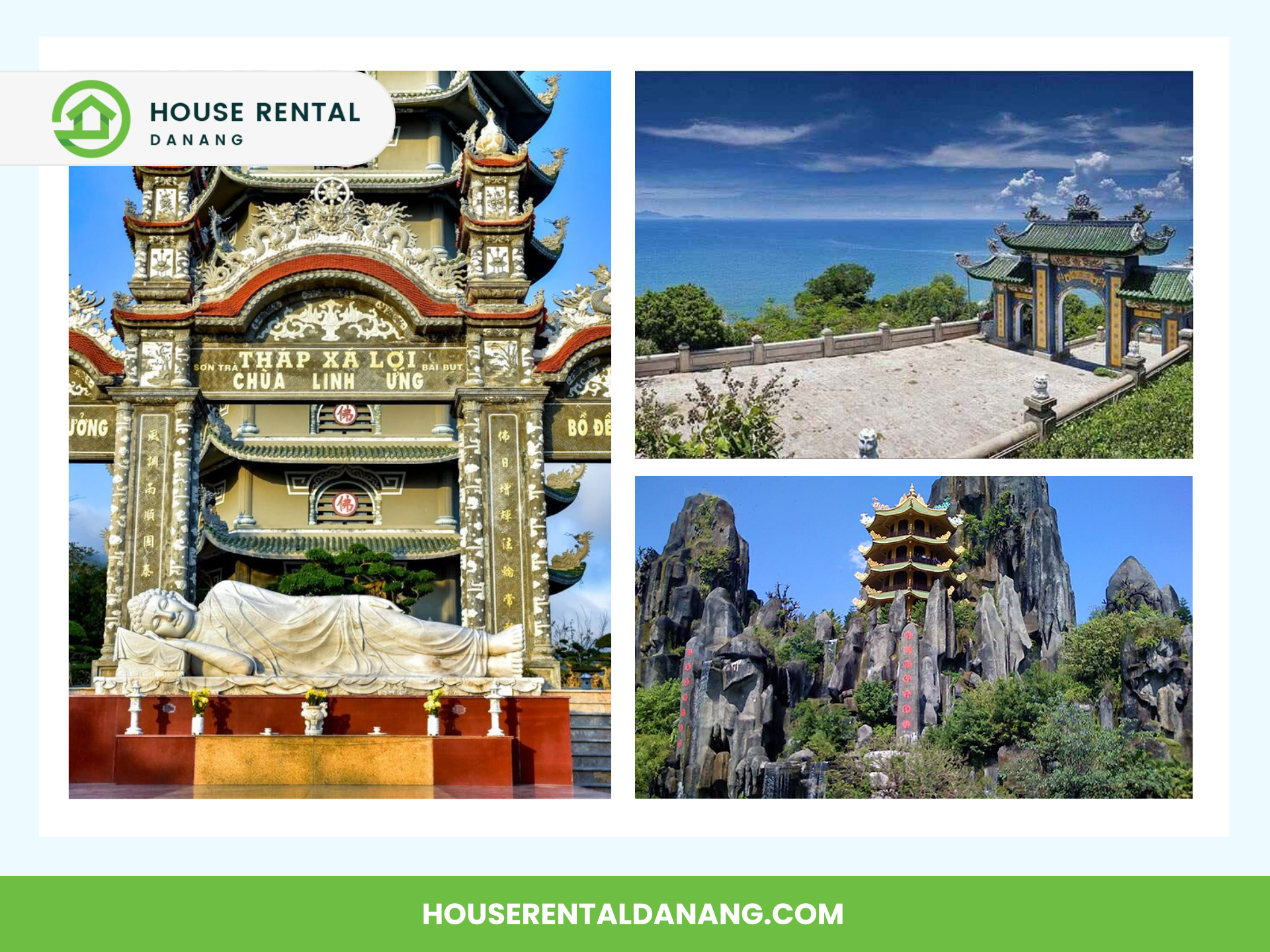 A collage features a Buddhist temple entrance, a scenic ocean view by a traditional gate, and a mountain with Linh Ung Pagoda. The image is labeled with "House Rental Danang" and the website "houserentaldanang.com.