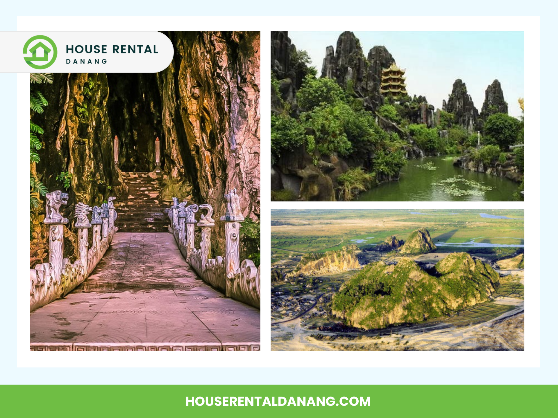Promotional image showcasing the Marble Mountains Danang: a stone walkway inside a cave, a temple amidst rocky greenery, and an aerial view of a stunning geological landscape. Text reads "House Rental Danang, houserentaldanang.com.