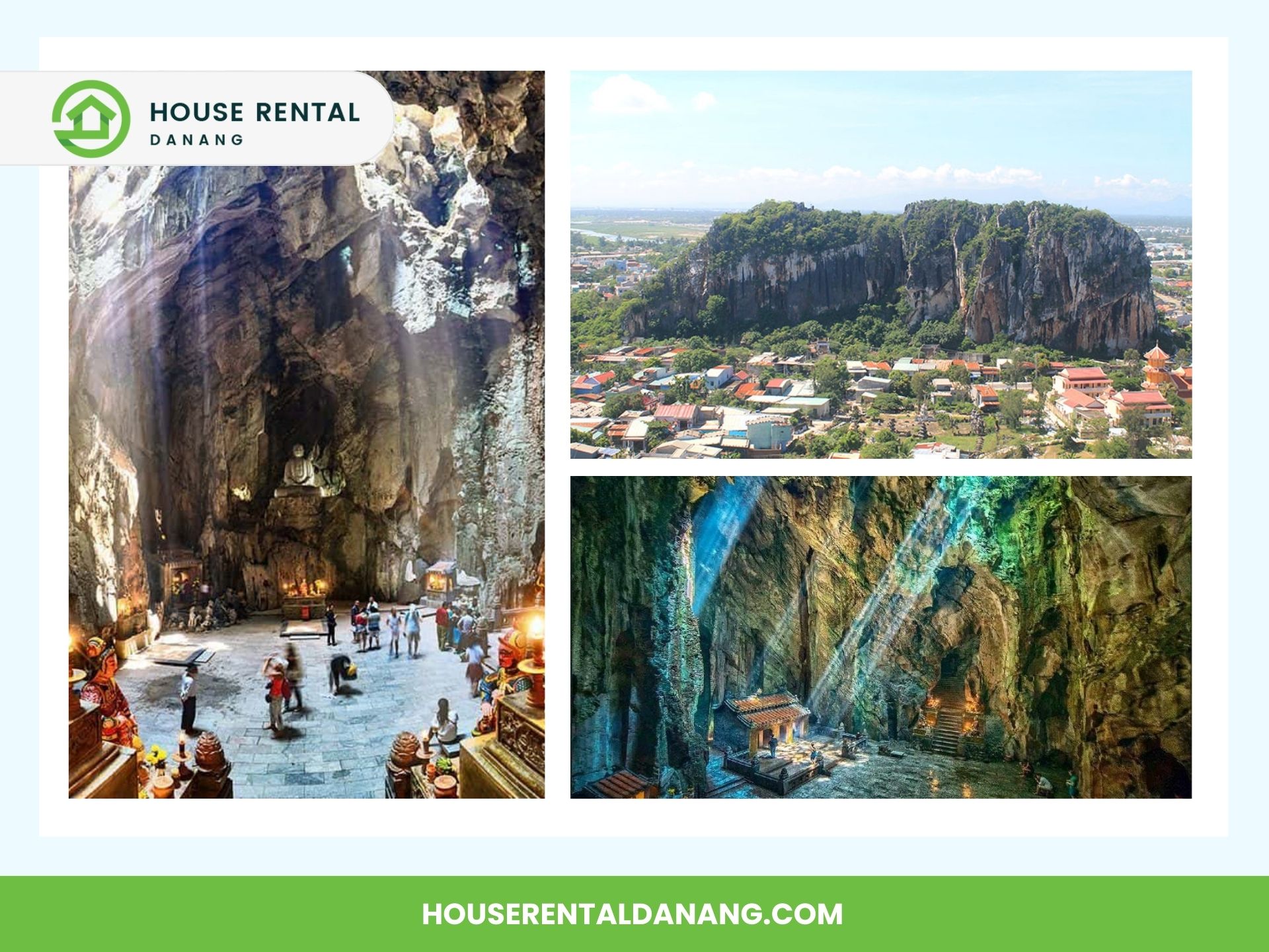 Triptych image showcasing the best places to visit in Da Nang. Left: People exploring a large cave. Top right: Aerial view of a rocky hill with buildings below. Bottom right: Sunlight streaming into a cave with temple structures, all promoting House Rental Danang.