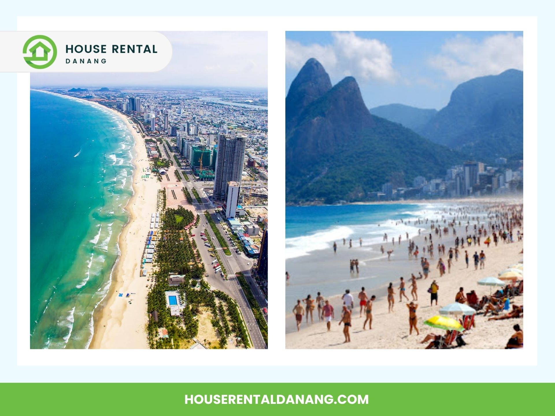 Side-by-side images of a city beach with high-rise buildings on the left and a crowded beach with mountains in the background on the right, promoting House Rental Danang—the ideal choice for experiencing the best places to visit in Da Nang.