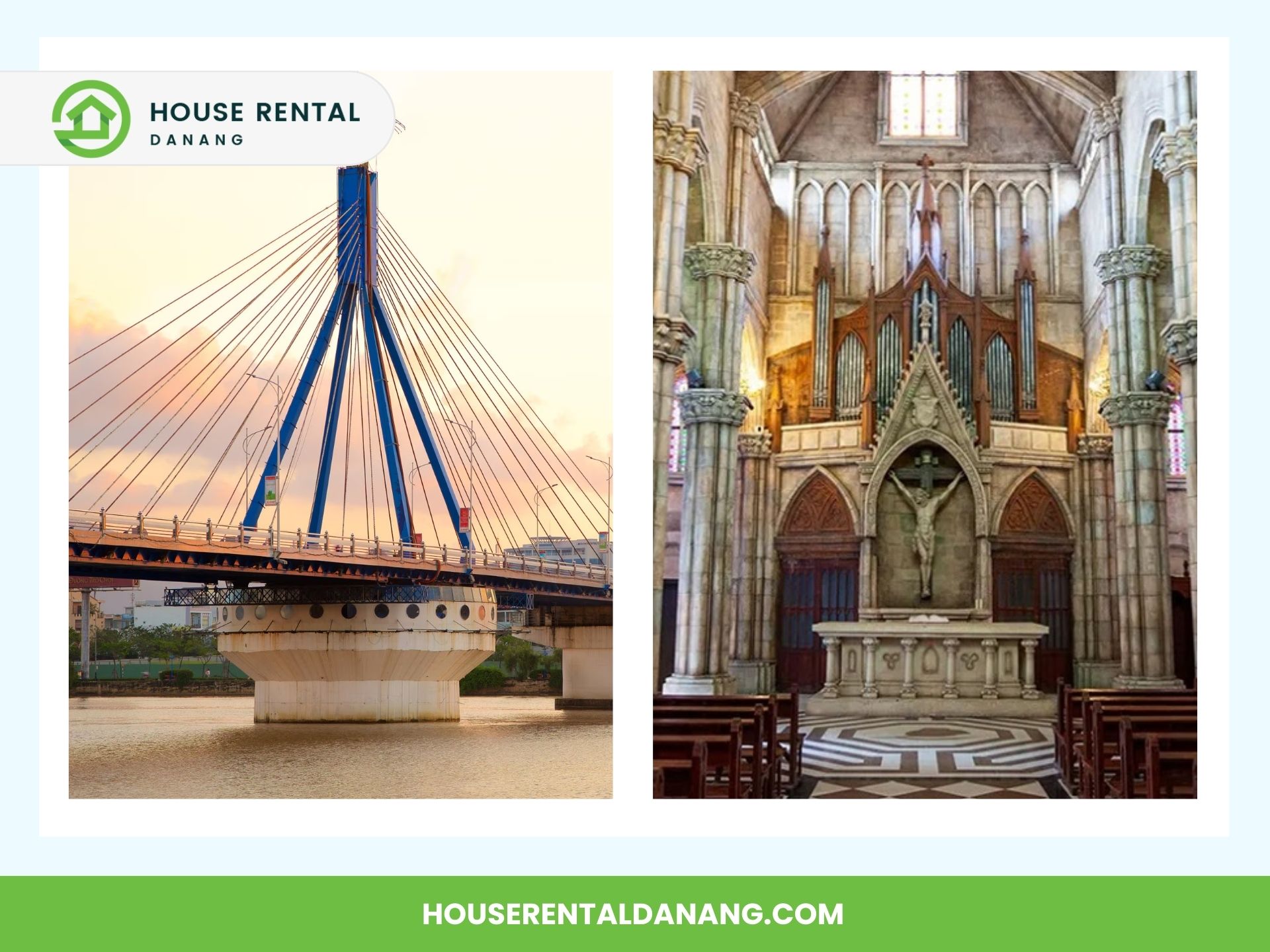 The image shows a two-part collage. The left section features the Tran Thi Ly Bridge, a blue cable-stayed structure over a river during sunset. The right section depicts the interior of a Gothic-style cathedral with a prominent altar.