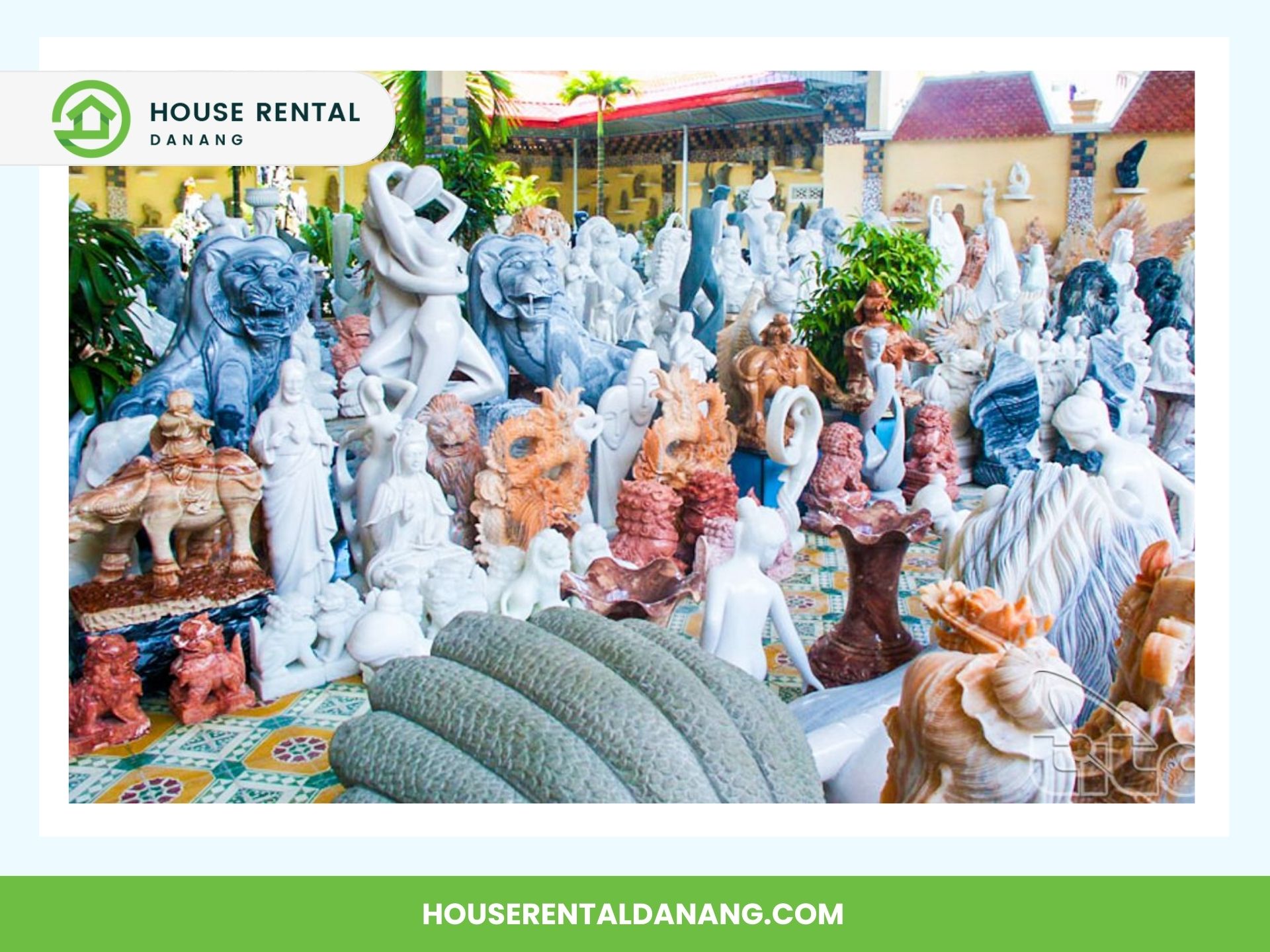 A variety of marble statues in different shapes and sizes are displayed outdoors in a yard, making it one of the best places for shopping in Da Nang.