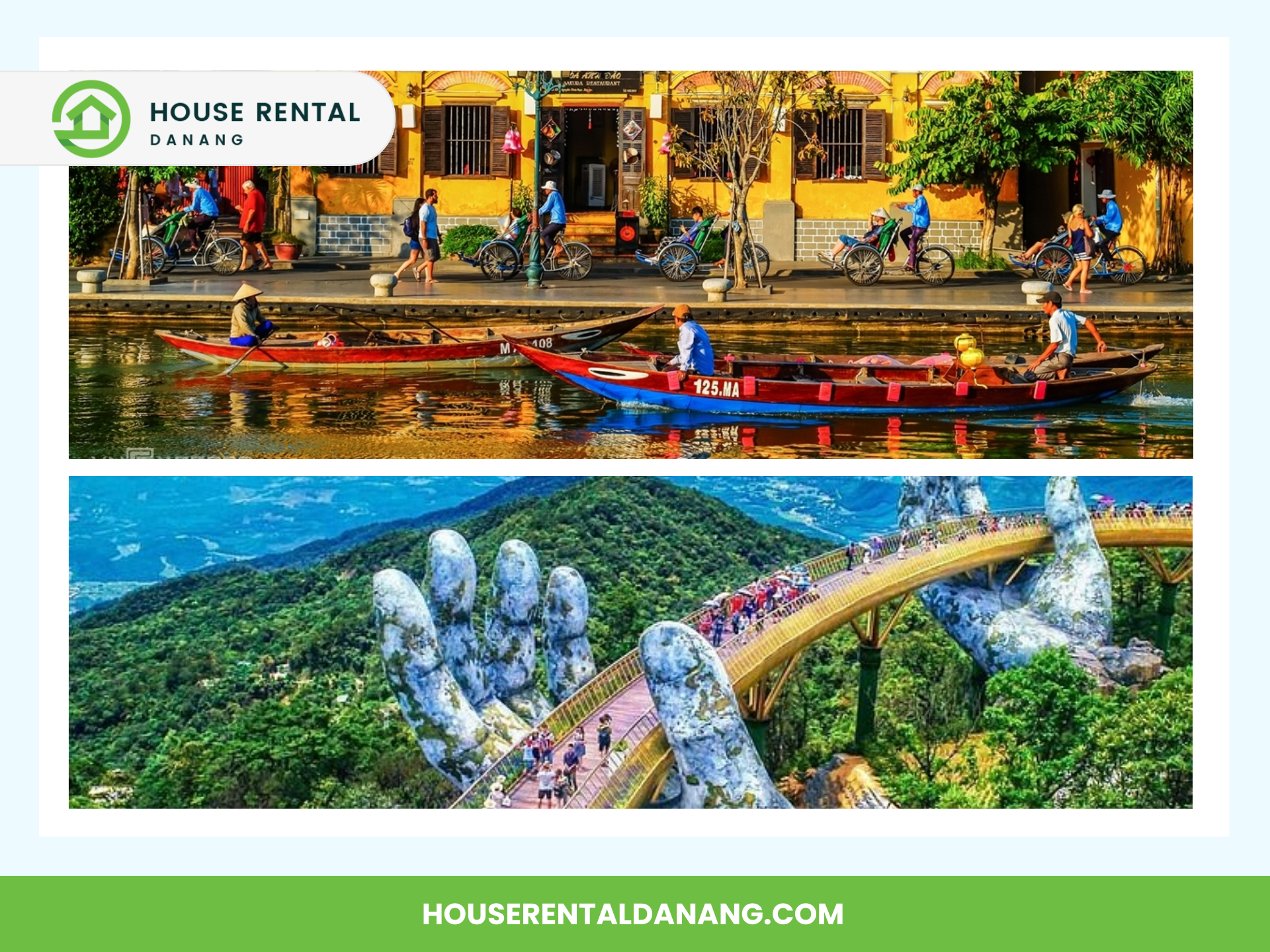 Collage featuring rental boats on a scenic waterway and a pedestrian bridge held by giant hands amidst greenery, with the Marble Mountains Danang in the background. House Rental Danang logo and website URL are displayed.