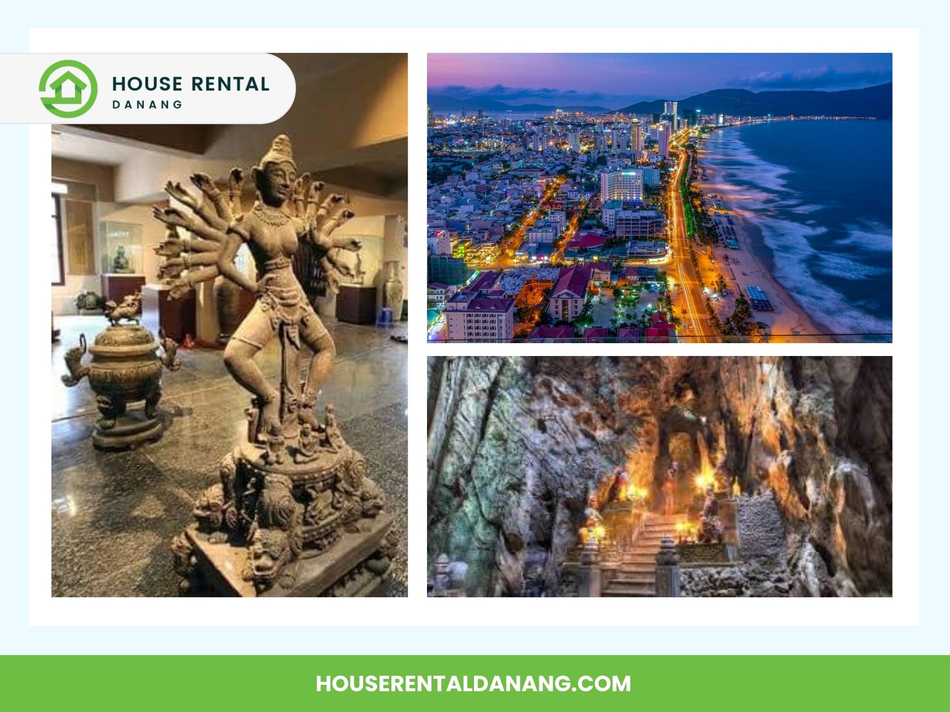 A collage featuring a house rental logo, a beach cityscape at night, the Han River Bridge illuminated beautifully, a multi-armed statue in a room, and a lit stone staircase inside a cave. Text reads 'HOUSERENTALDANANG.COM'.