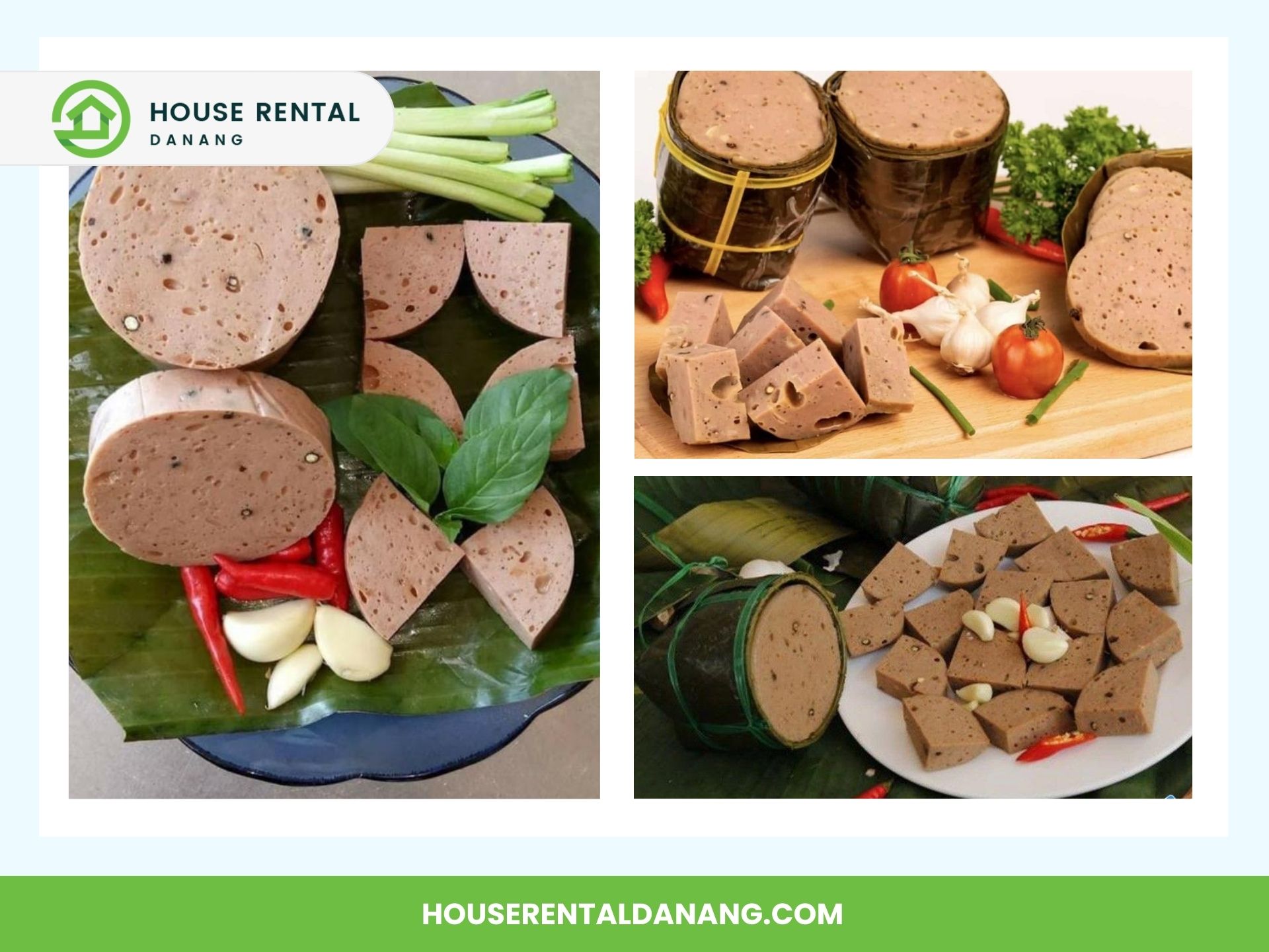 Three images display sliced Vietnamese pork sausage arranged with herbs, garlic, and chili peppers. Branding for "House Rental Danang" is present on the top left corner, with a website link at the bottom. Explore the best places for shopping in Da Nang while enjoying local delicacies like these.