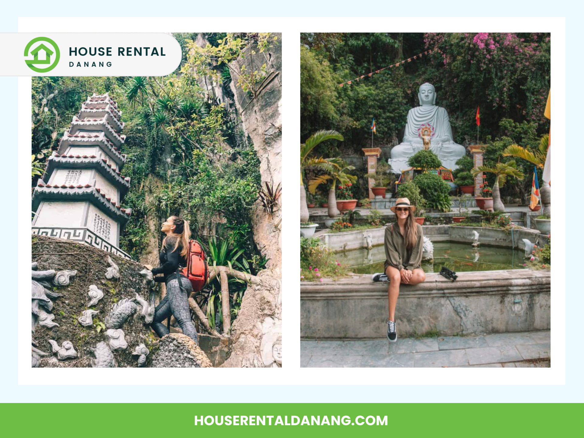 Two images: In the left image, a person with a backpack climbs stairs near the intricate structure of Marble Mountains Danang. In the right image, a person sits casually by a pond with a large Buddha statue in the background.