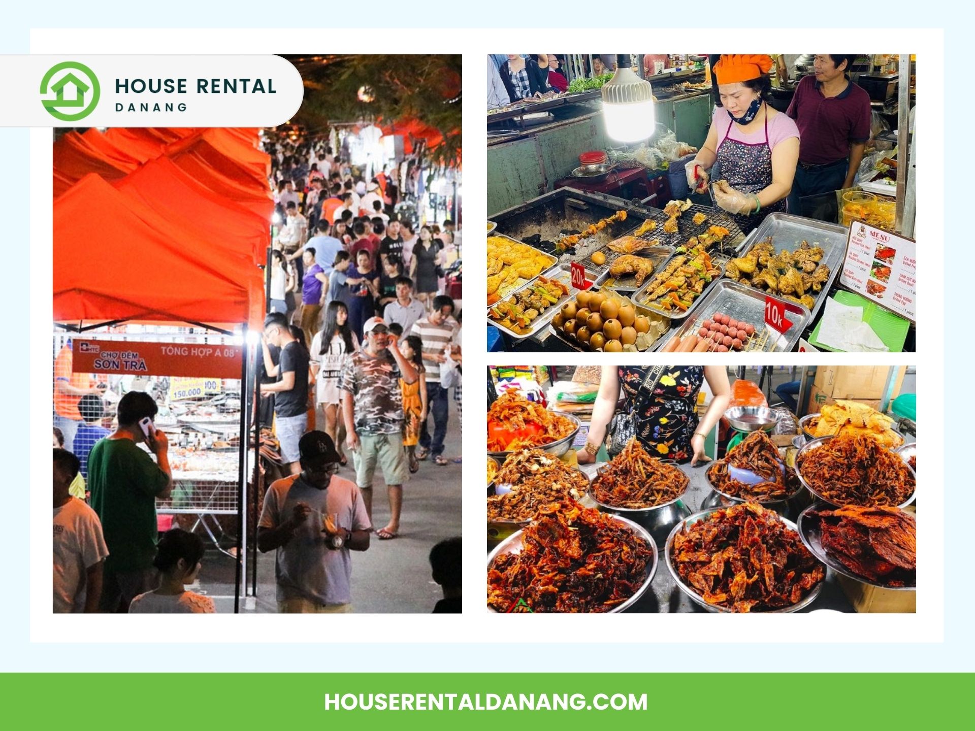 Collage of images from the vibrant night markets in Danang: a bustling crowd on a lively street, a vendor standing behind an array of fried foods, and another offering an assortment of dried goods and spices.
