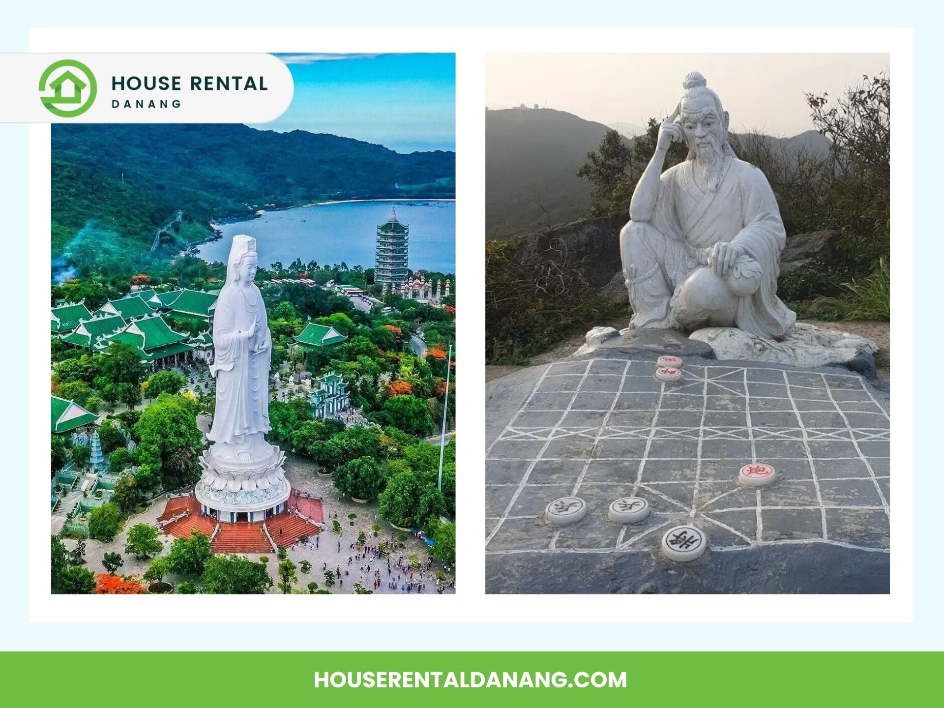 Aerial view of a large statue in a coastal area with surrounding buildings (left). Stone statue of an elderly man playing a board game (right). House Rental Danang company details included in the image. One of the Best Places to Visit in Da nang.