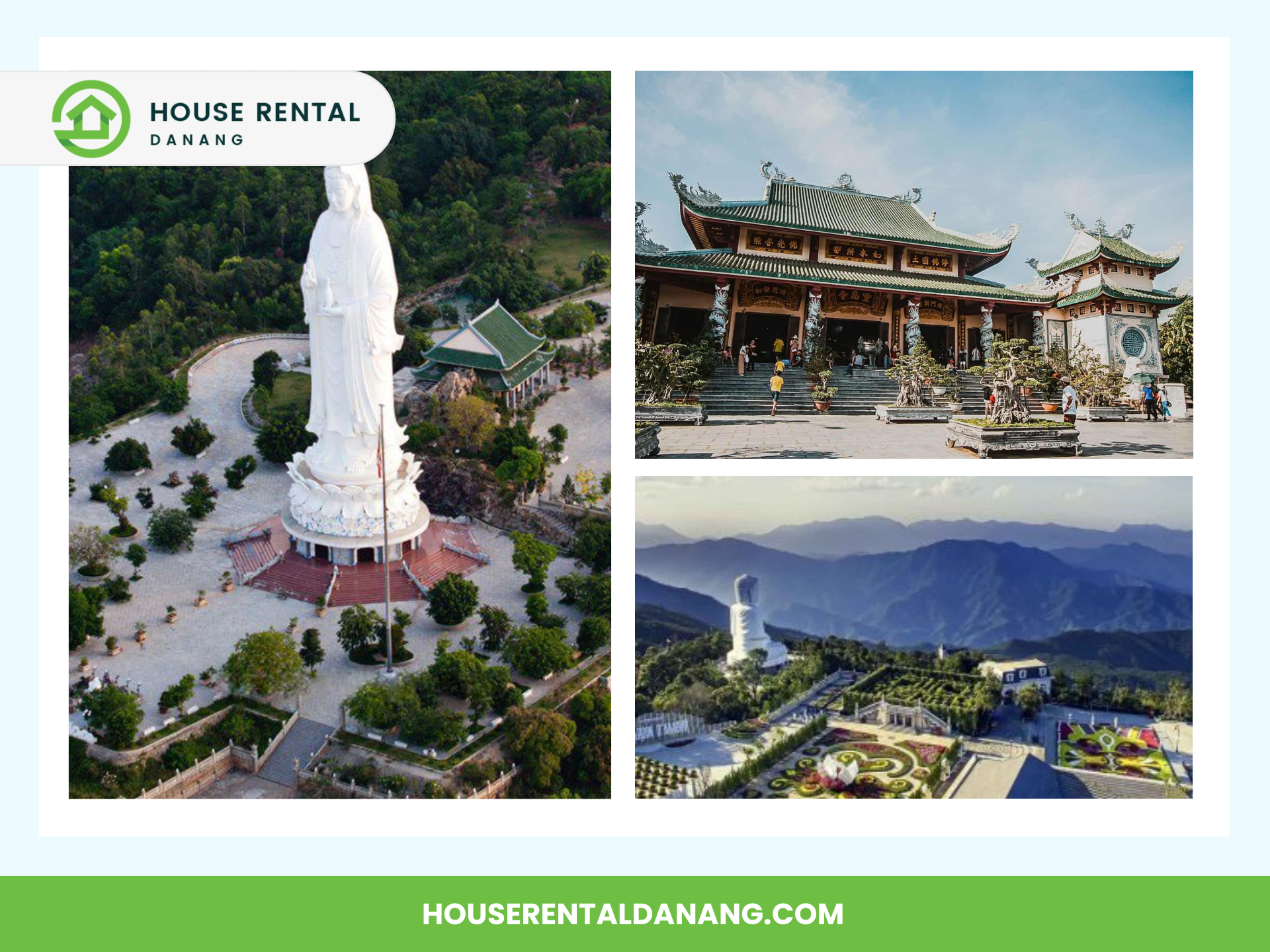 Composite image of a large statue at Linh Ung Pagoda in an outdoor setting, a traditional temple building, and a panoramic shot of a garden and mountains. Text reads "House Rental Danang" and "houserentaldanang.com".