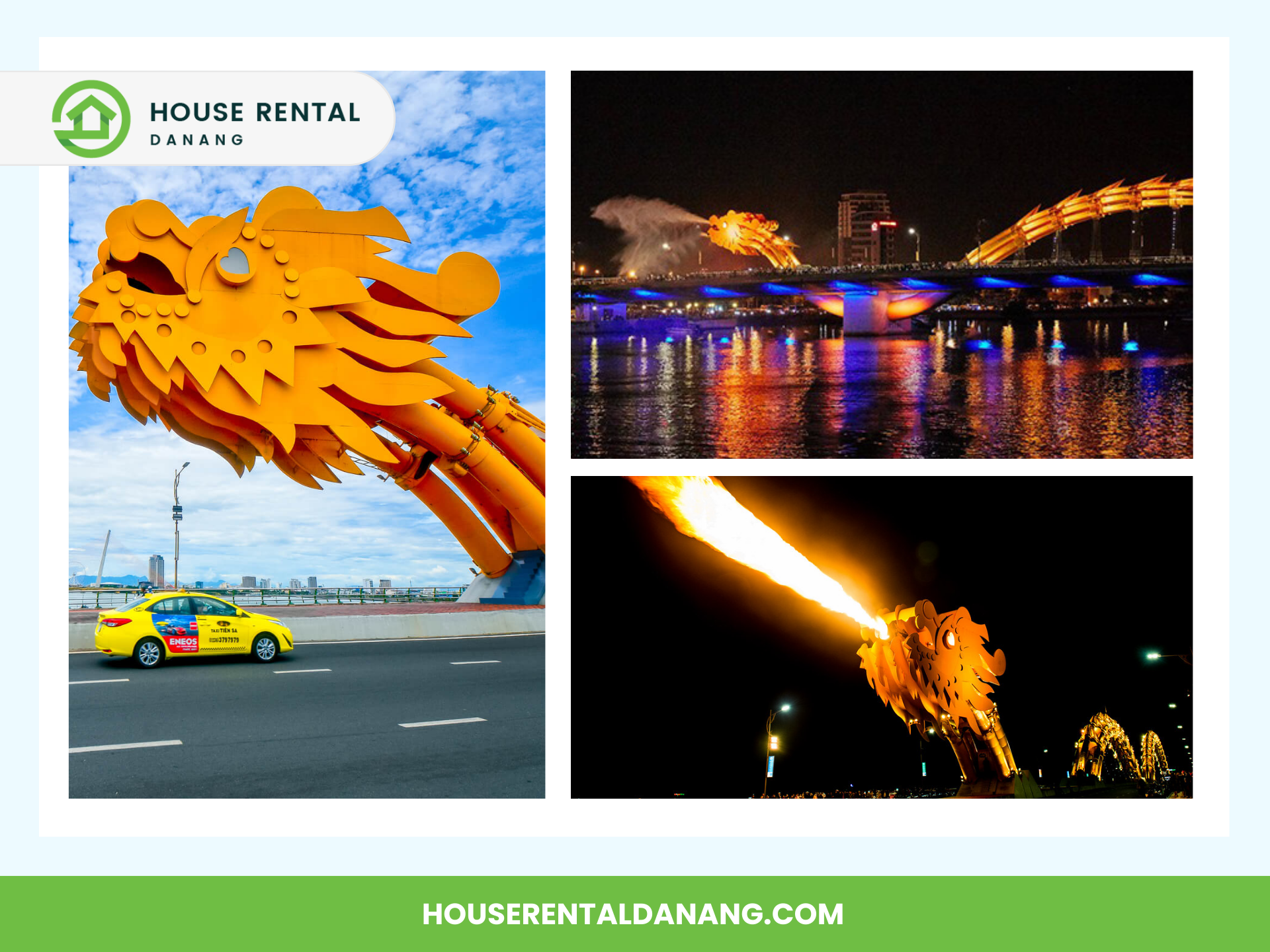 A collage highlights the Dragon Bridge in Da Nang, Vietnam, showcasing it in daylight, brilliantly lit up at night, and spouting fire. A yellow taxi is also seen driving on the bridge during the day.