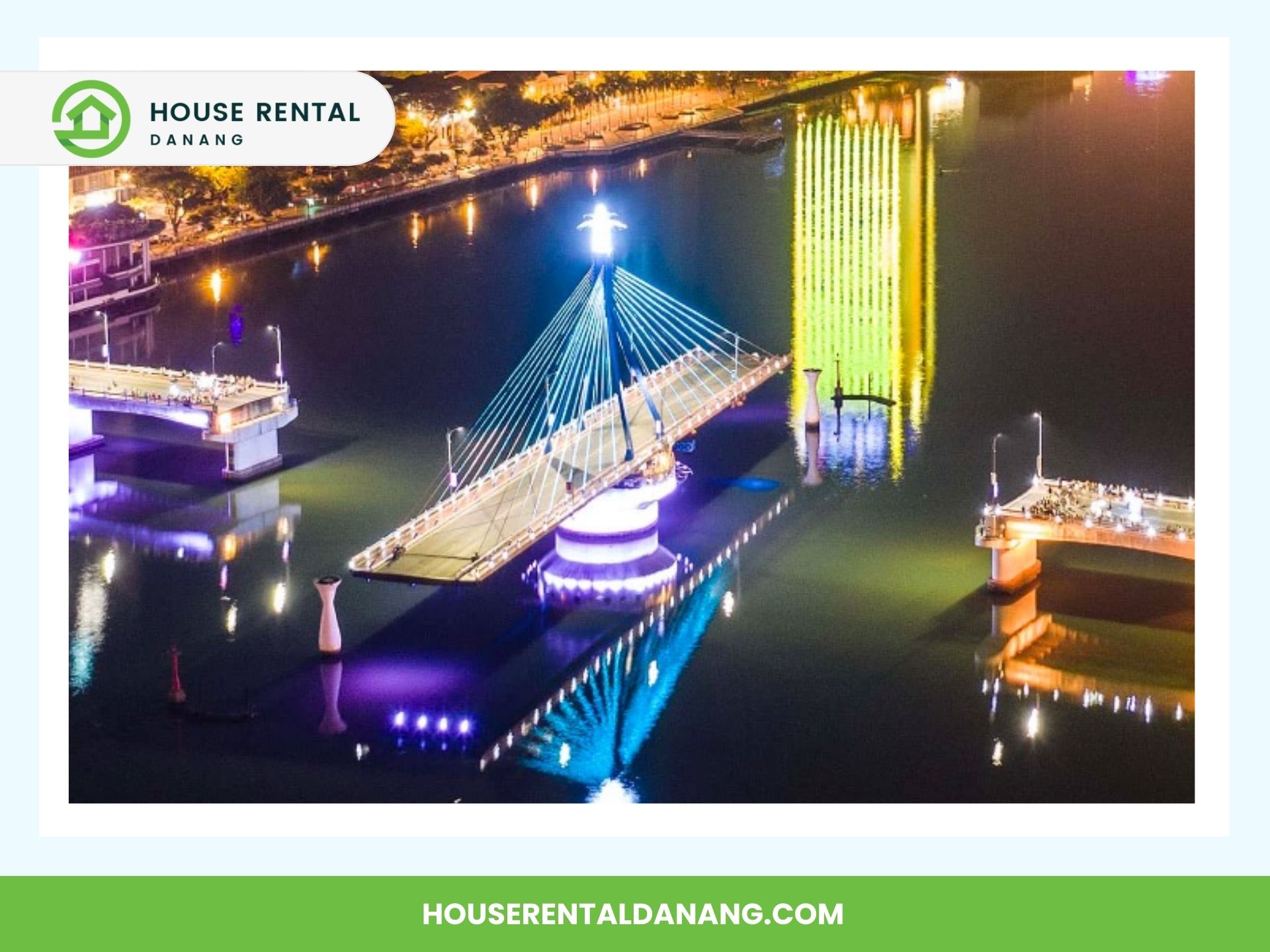 An illuminated Han River Bridge spans a river at night, with colorful lights reflecting on the water. Text on the image reads "House Rental Danang" and provides a website URL: houserentaldanang.com.