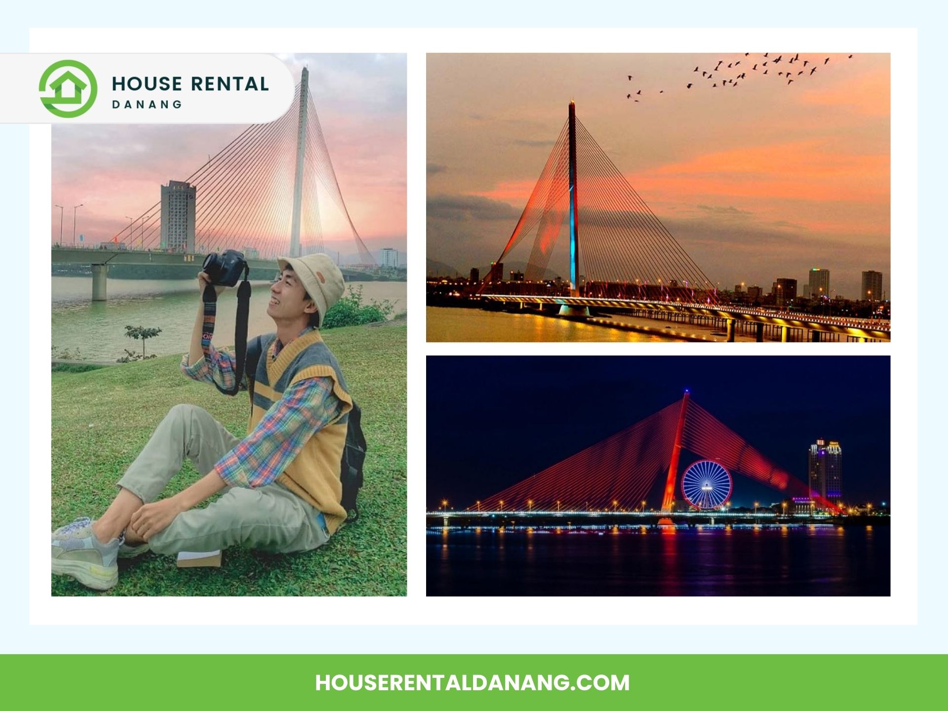 A person sits on grass taking photos near Tran Thi Ly Bridge during sunset. Two additional images show views of the illuminated bridge at twilight and night. Text reads "House Rental Danang.