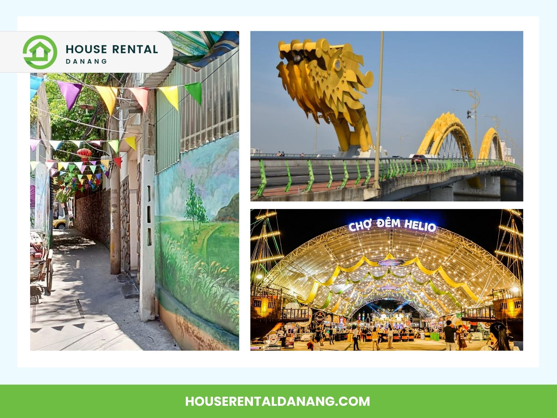 Collage: Colorful alley with murals and flags, Dragon Bridge over a river, the Museum of Cham Sculpture in Da Nang showcasing ancient artifacts, and Helio Night Market in Da Nang with bright lights. House Rental Da Nang logo and website URL included.