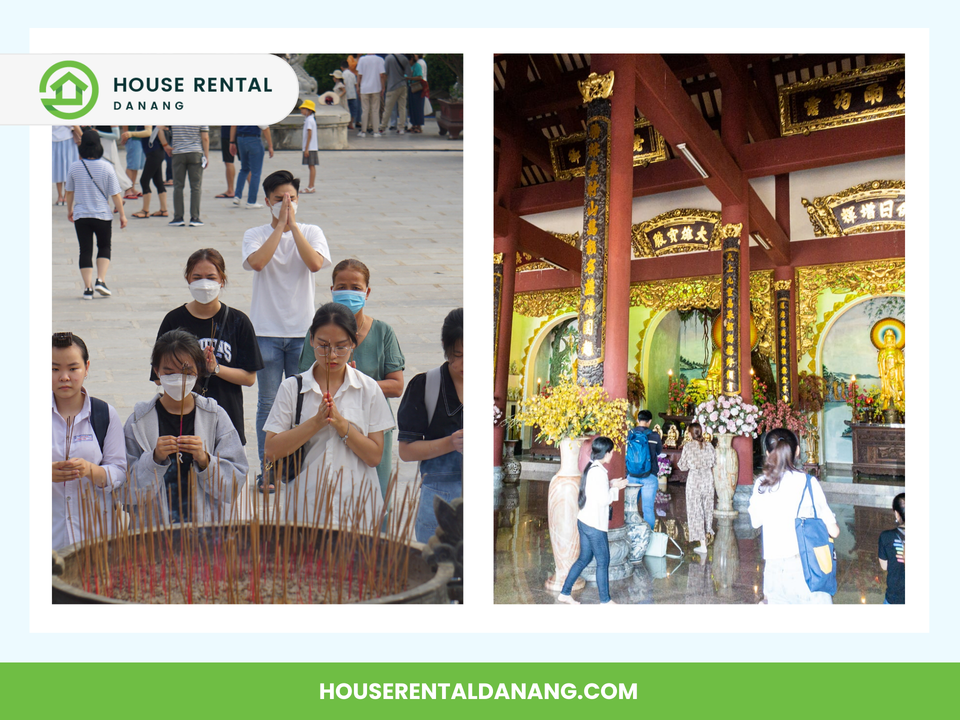 Two images side by side: one shows several people praying with incense outdoors at Linh Ung Pagoda, and the other shows people inside a decorated temple. Both images include informational text about House Rental Danang.