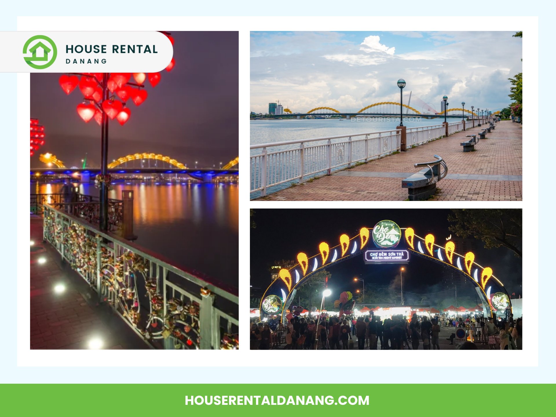 A collage of Da Nang, Vietnam featuring the Dragon Bridge in Da Nang lit up at night, a riverside walkway with the bridge in the distance, and an entrance archway with a crowd gathered beneath it.