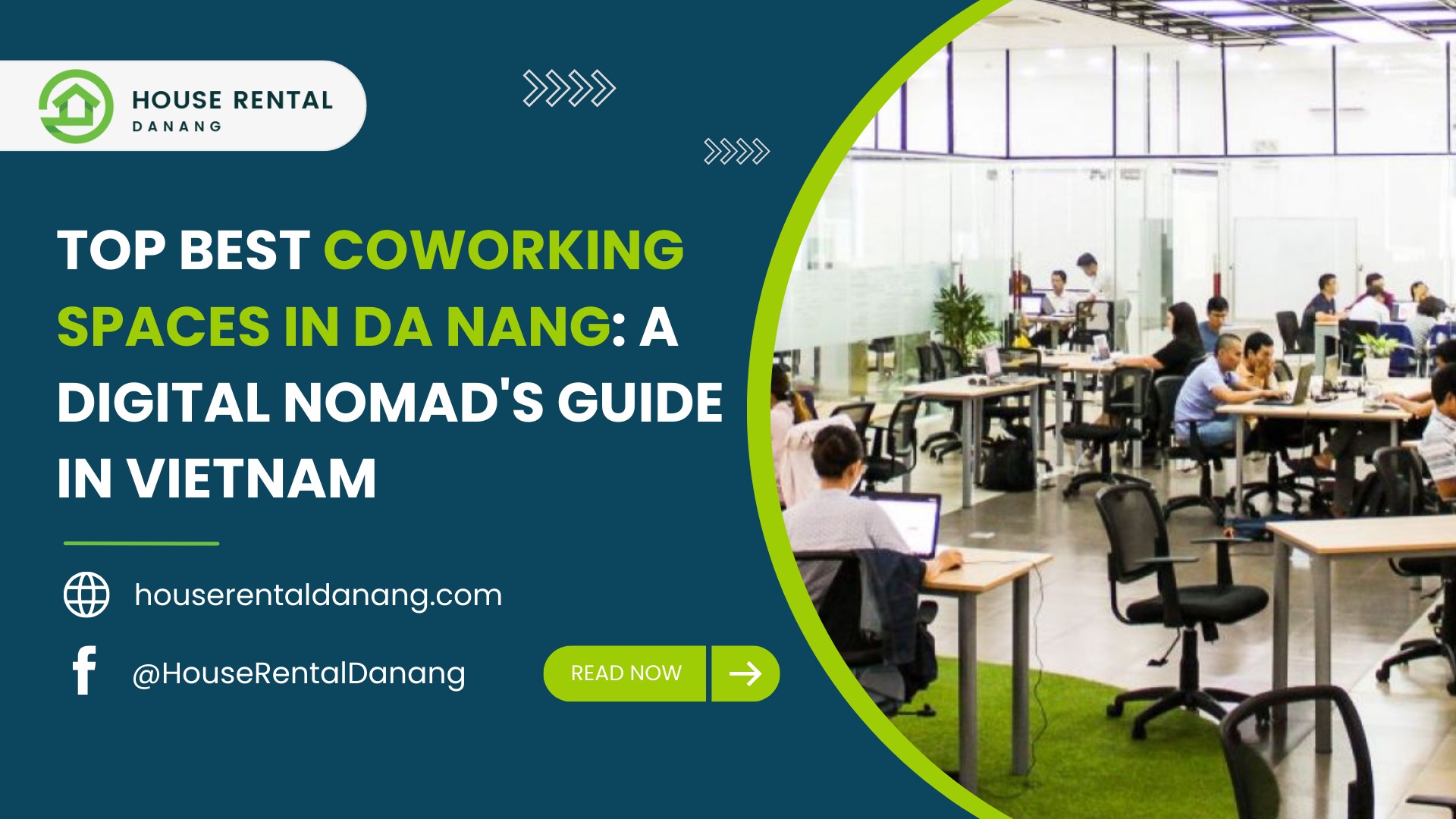       Promotional image for House Rental Danang highlighting top coworking spaces in Da Nang, Vietnam, targeted at digital nomads. The image showcases a modern office space with people working at desks, emphasizing the vibrant coworking scene in Da Nang.