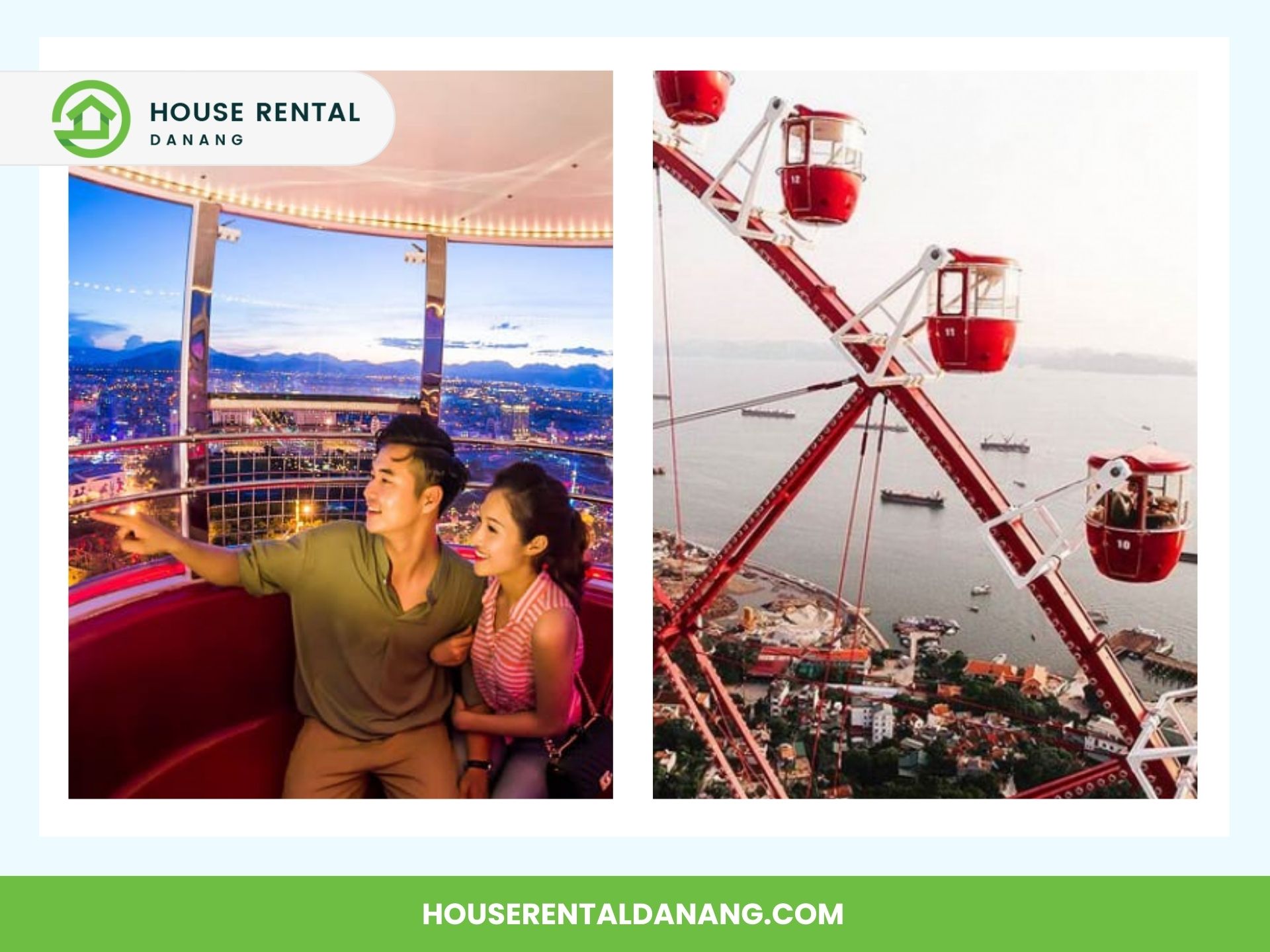 A couple enjoys the view from a Ferris wheel cabin at sunset in Asia Park Da Nang. The right image shows a panoramic view of the same Ferris wheel and surrounding cityscape. House Rental Danang logo and website at the top and bottom. Experience your stay in this Asian Paradise today!