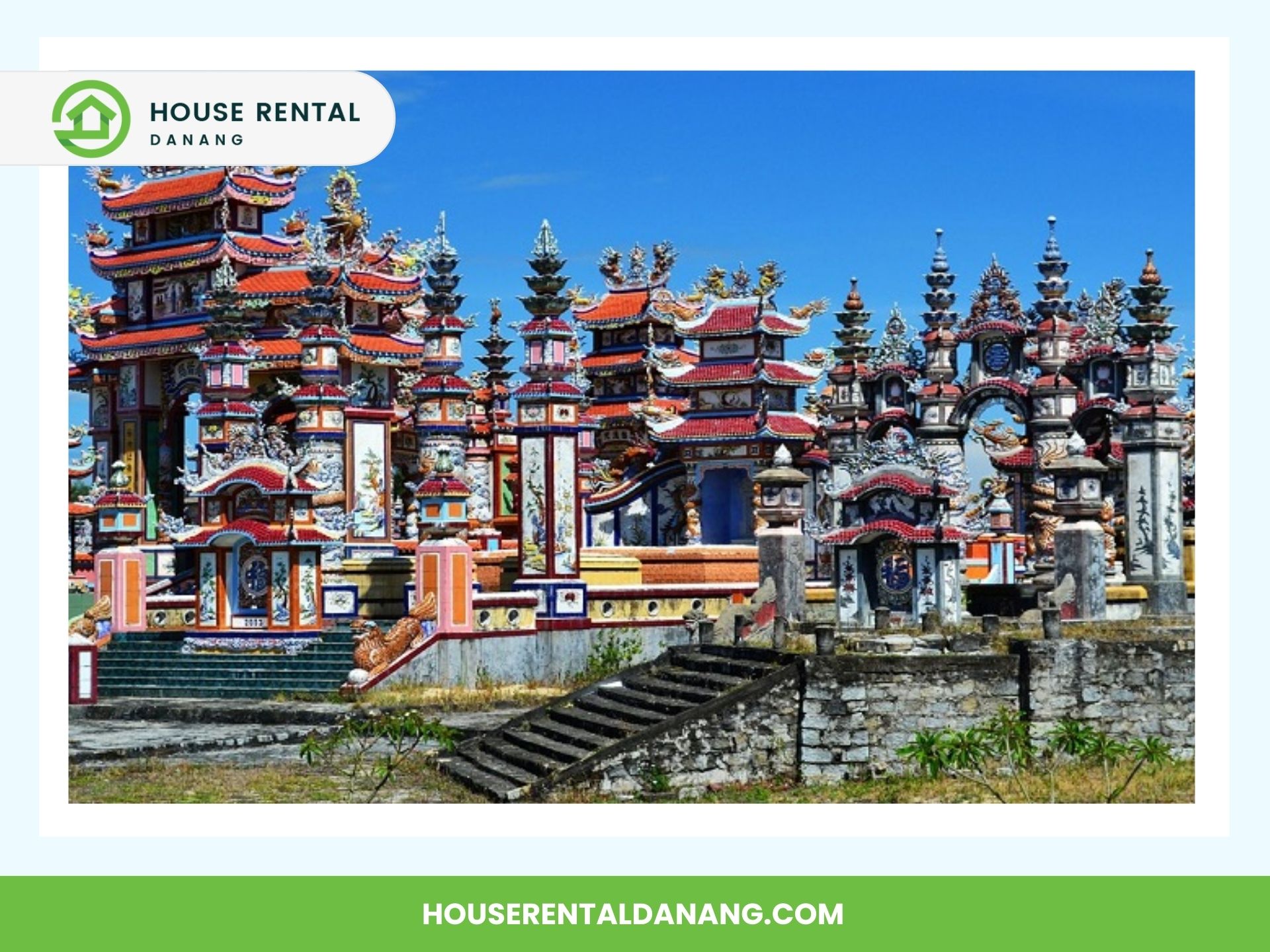 Colorful and ornate traditional building structures with multiple tiers and intricate designs under a clear blue sky, reminiscent of the charm found near Hai Van Pass. This site is part of a unique house rental advertisement.