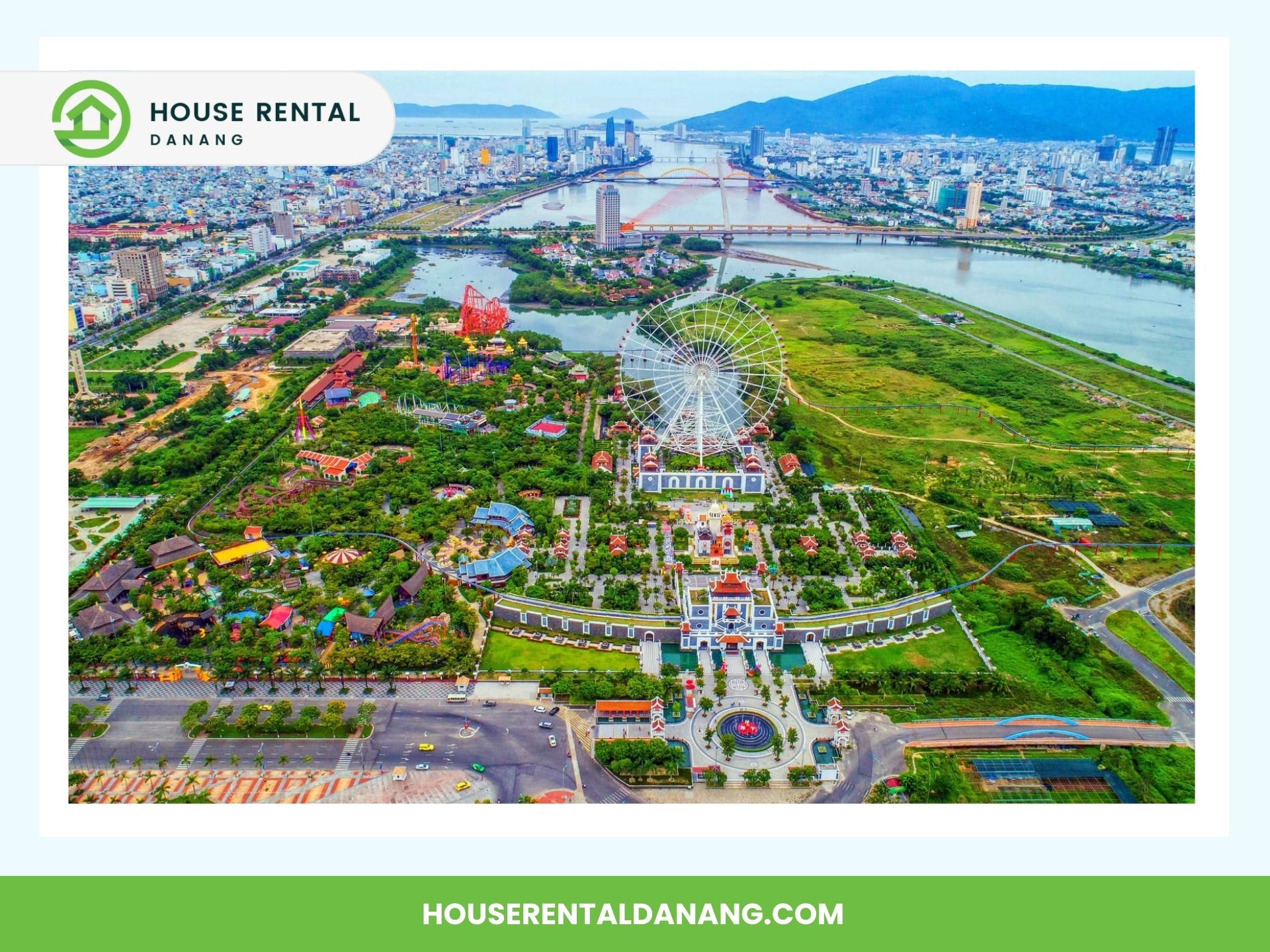 Aerial view of an Asian Paradise in Danang featuring a Ferris wheel from Asia Park Da Nang, river, bridges, and surrounding green areas, with the text "HOUSE RENTAL DANANG" displayed at the top left corner.