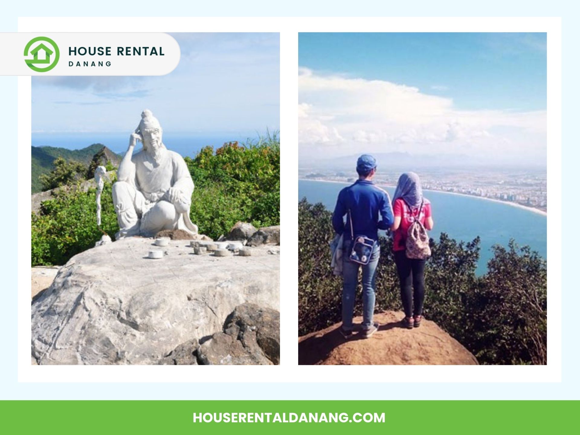 Left: A statue seated on a rocky terrain overlooking the ocean. Right: Two people standing on a cliff edge, facing towards a panoramic view of Son Tra Peninsula by the sea.