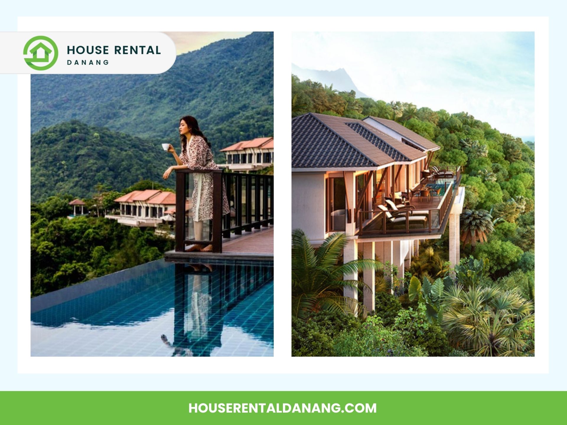 Two images of a house rental in Danang: left, a person standing by an infinity pool with views of the mountains near Hai Van Pass; right, an exterior view of the property amidst lush greenery and multiple balconies.