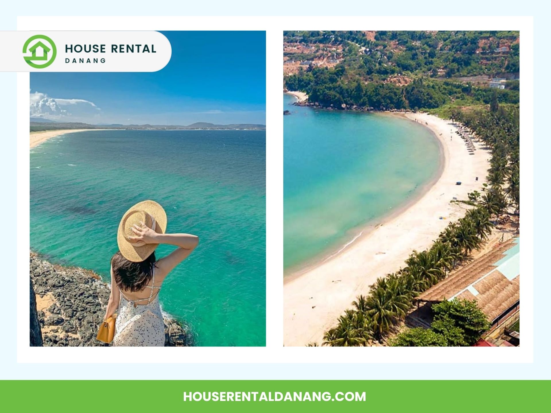 Two photos side by side. Left: Woman in a hat overlooking the ocean. Right: Bird's-eye view of a beach and ocean on Son Tra Peninsula. Text: House Rental Danang. Website: houserentaldanang.com.