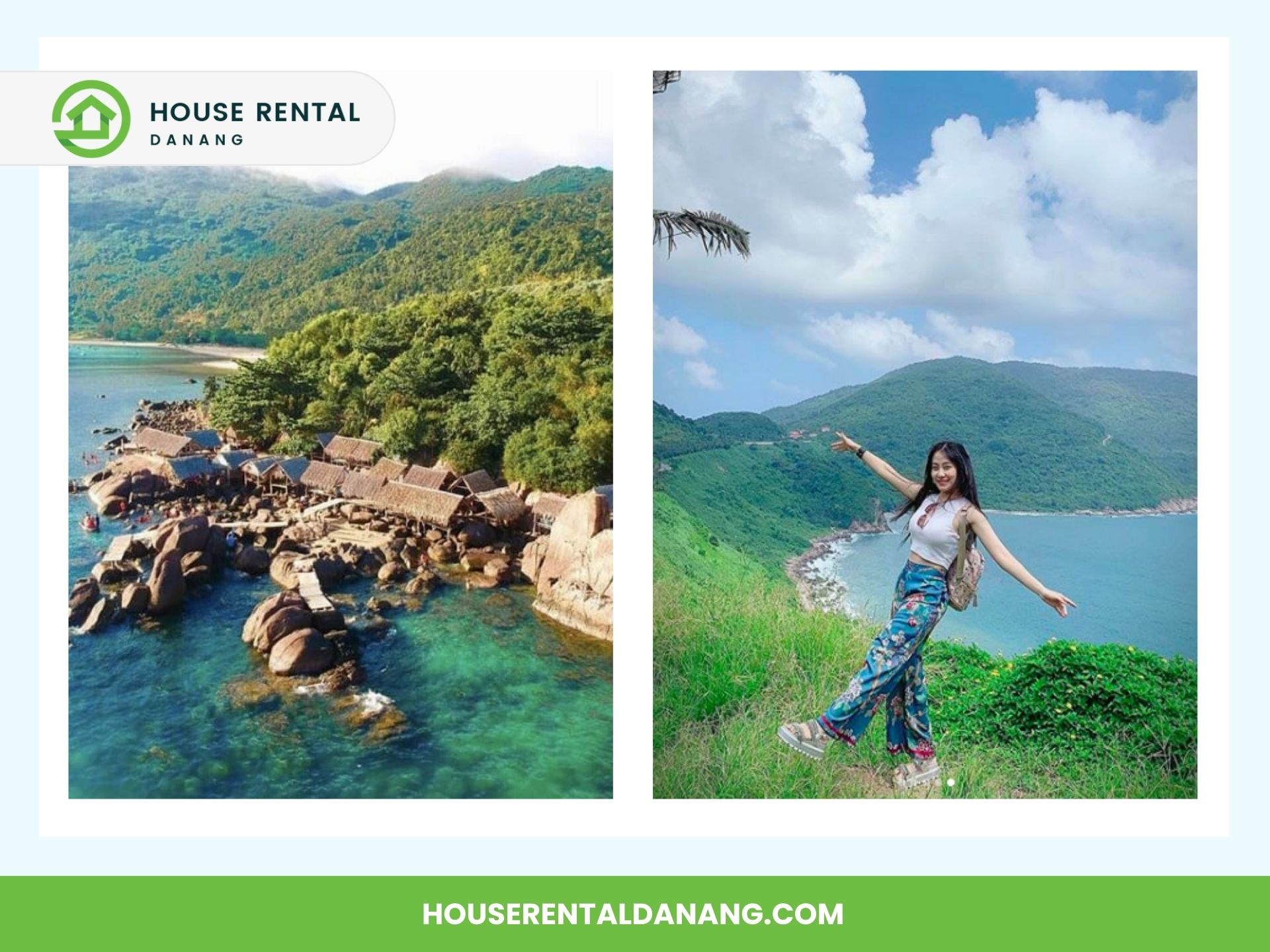 Two images: On the left, a coastal view with cottages and greenery; on the right, a smiling woman posing with arms outstretched on a grassy hill overlooking Ban Co Peak. House Rental Danang banner above.