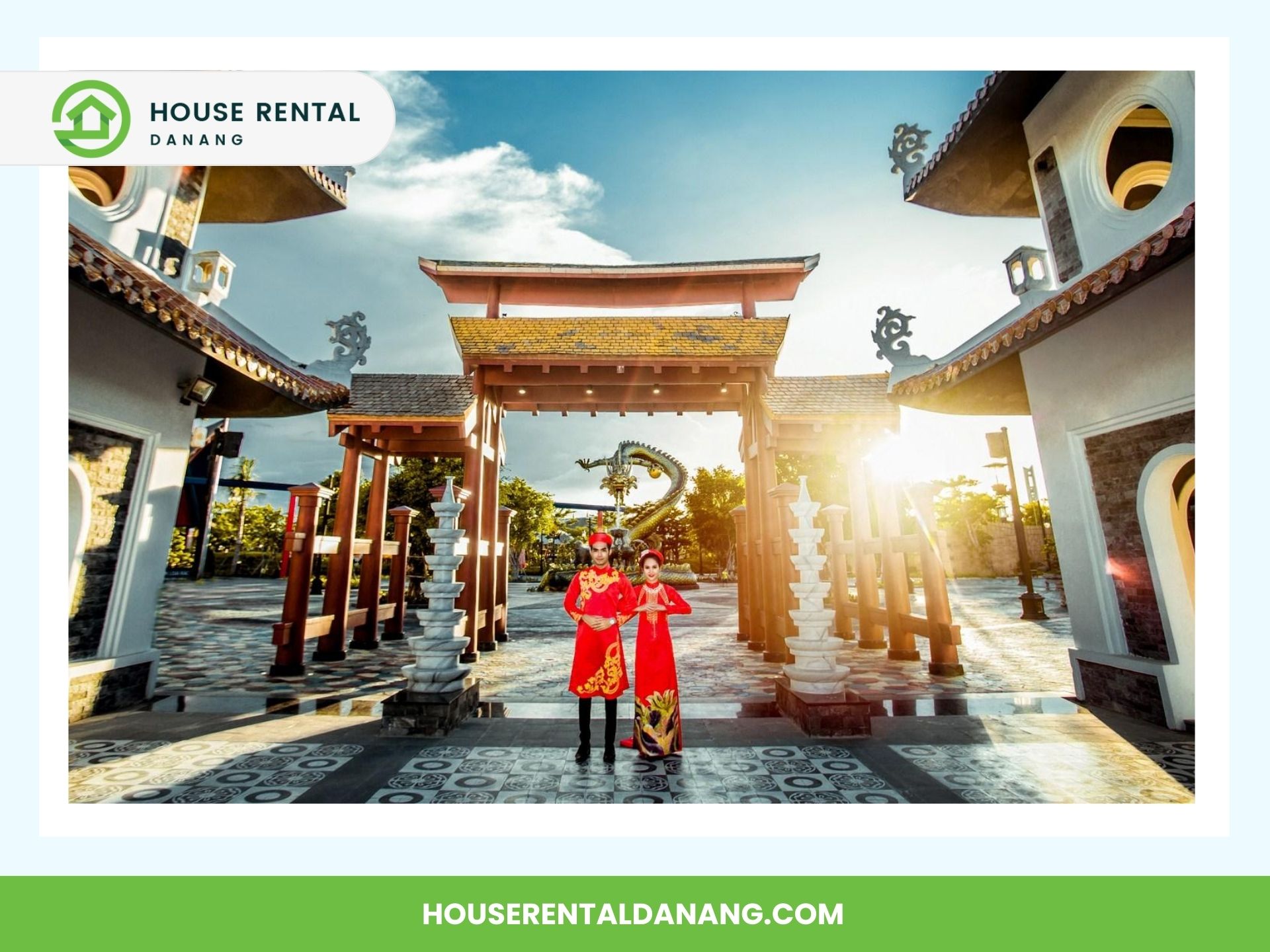 A couple dressed in traditional attire stands in front of an ornate gate with pagoda-style structures and a dragon sculpture at sunset. The image, reminiscent of Asian Paradise, is labeled "House Rental Danang".