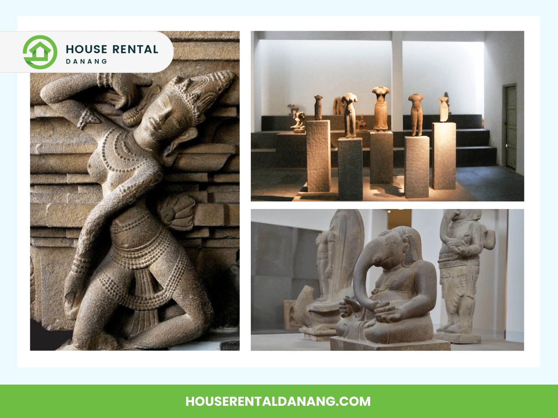 Collage of ancient stone sculptures: a dancing figure, multiple statues in a gallery display, and an elephant-headed figure from Da Nang's Dong Dinh Art Museum. House Rental Danang logo and website link at the top and bottom are included to support your exploration of cultural treasures.