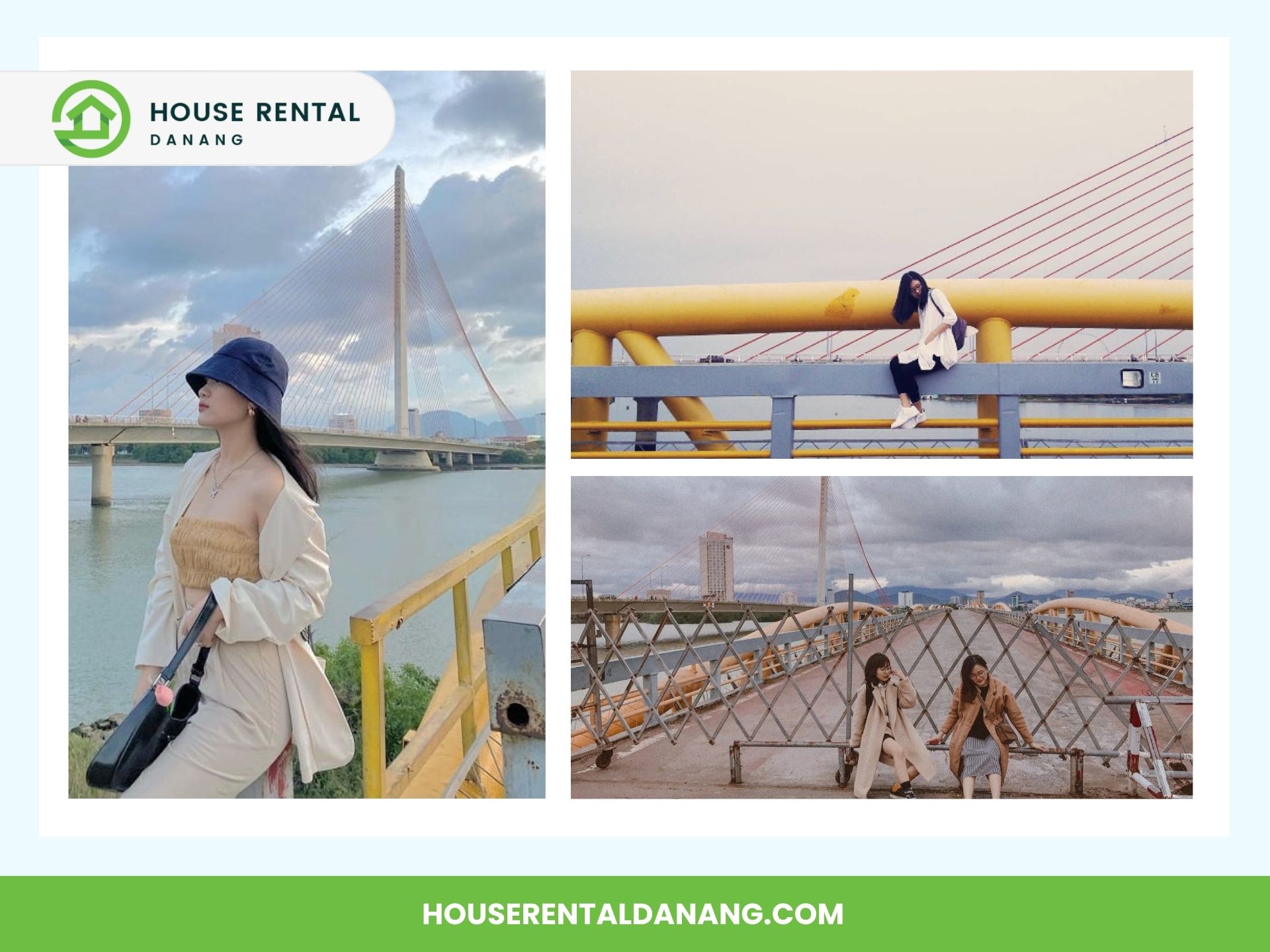 A collage of three images featuring women posing near Da Nang's iconic bridges, including the Nguyen Van Troi Bridge over the Han River. The bottom banner displays "House Rental Đà Nẵng" and includes the website "HOUSERENTALDANANG.COM".