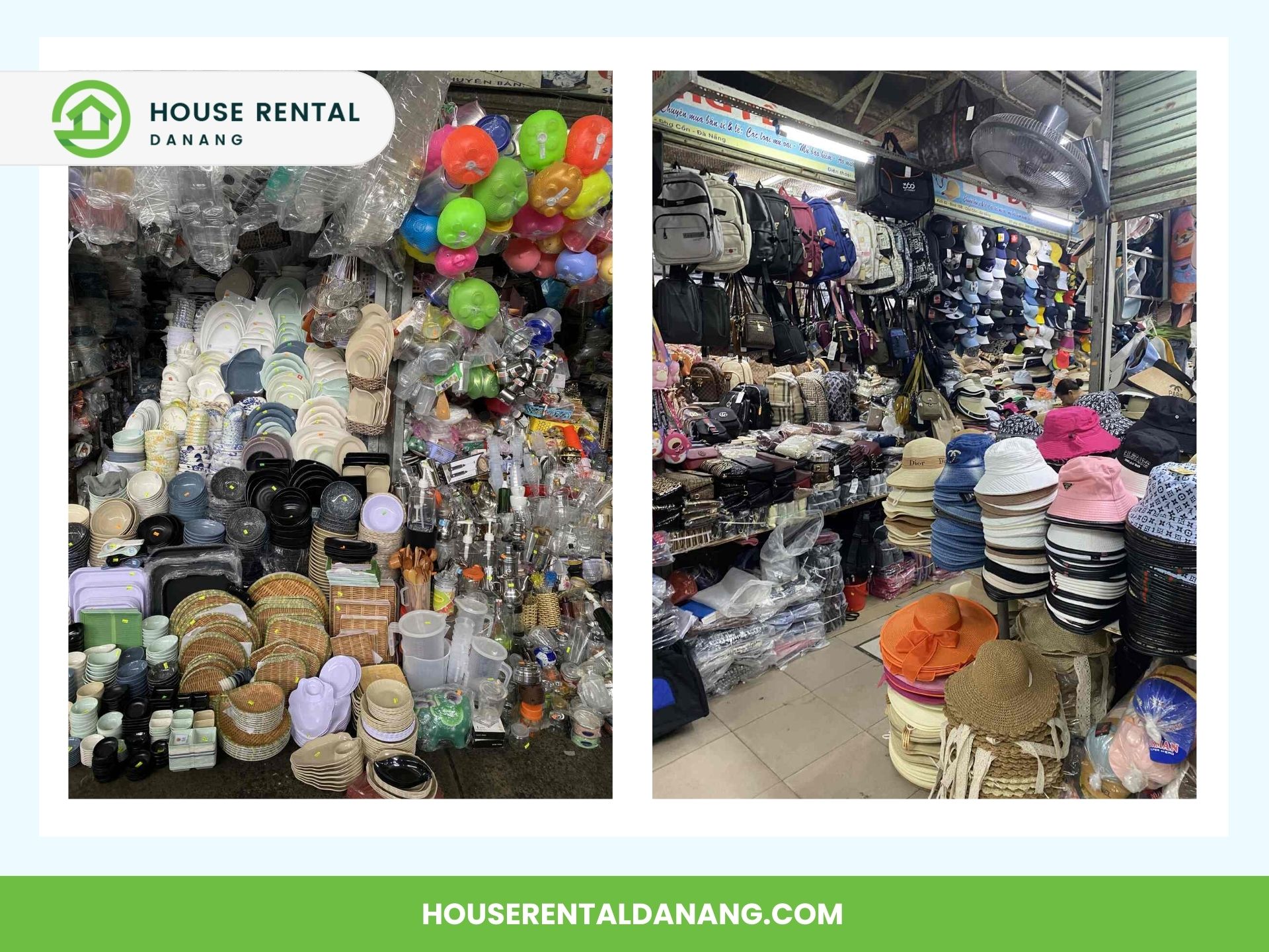 Two side-by-side images showcase a con market's bustling interior. The left side displays various household items, while the right side features numerous hats and bags. Both areas appear crowded and well-stocked.