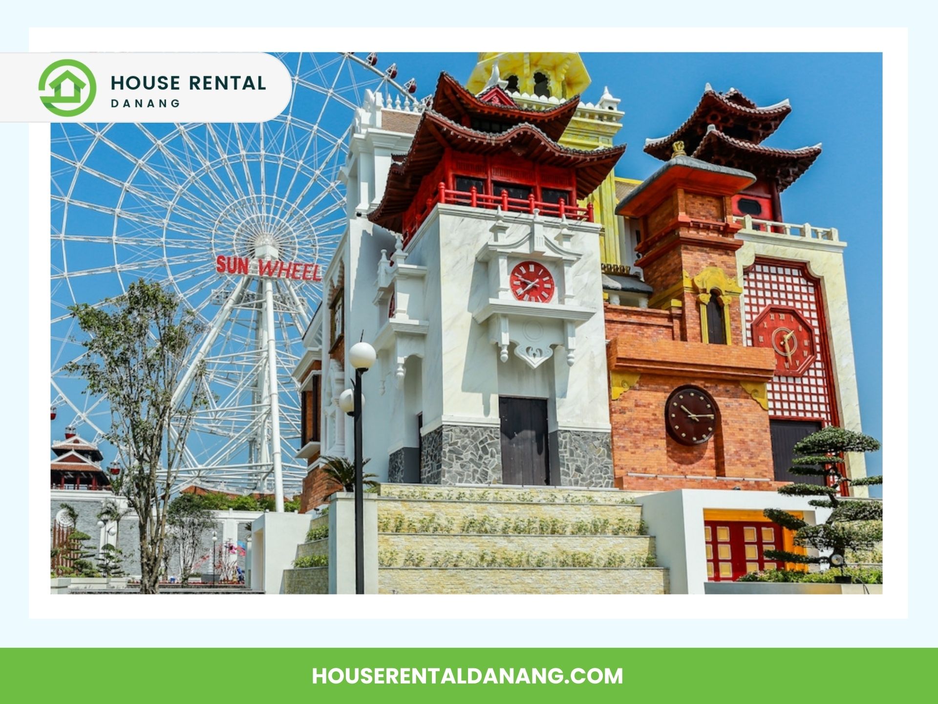 Colorful buildings with traditional Asian architectural elements are in the foreground, with the large Ferris wheel labeled "Sun Wheel" from Asia Park Da Nang behind them. The website "houserentaldanang.com" is displayed at the bottom.