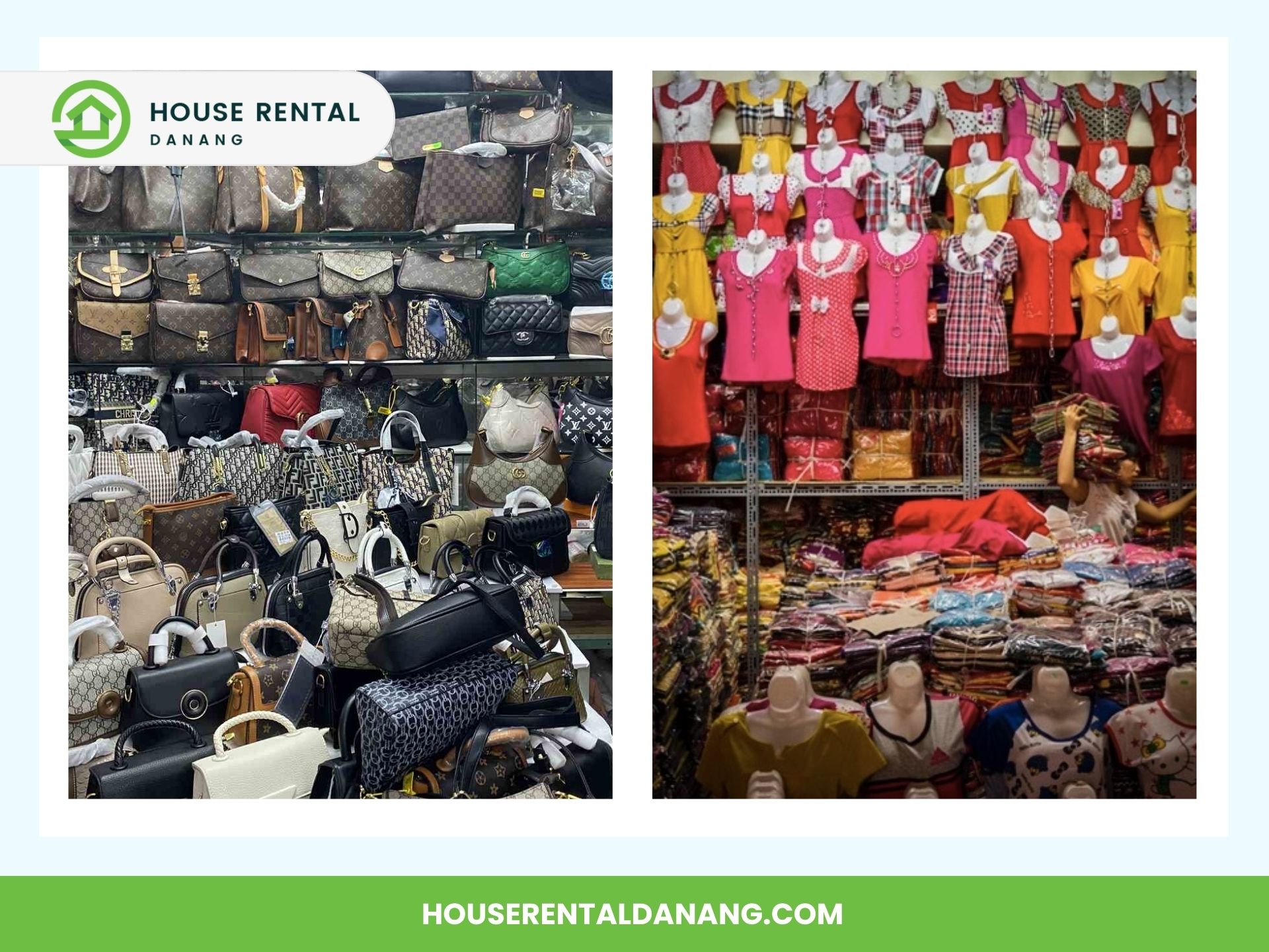 The image shows two sections of a store: one with a variety of handbags reminiscent of a bustling market, and the other with brightly colored children’s clothing displayed on mannequins.