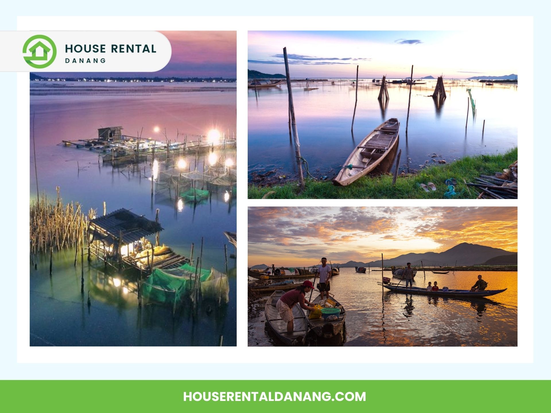 Collage featuring three images of scenic lakeside and riverside views, boats anchored by the shore, and a residential logo and website address for House Rental Danang. Includes a stunning shot of the Hai Van Pass showcasing its breathtaking natural beauty.