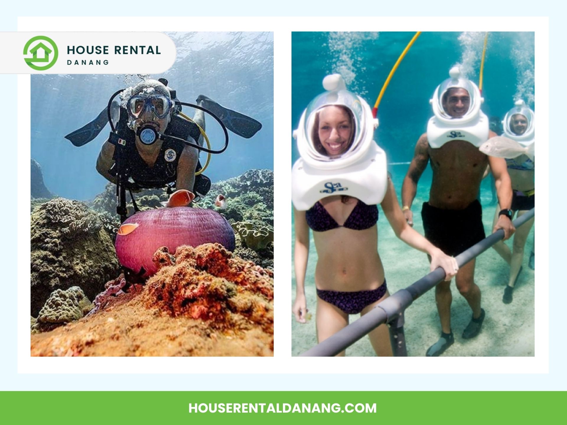  Left: A scuba diver explores an underwater coral reef in Cham Island. Right: Three individuals wearing underwater helmets walk on the sea floor holding a handrail, showcasing the unique tourism experience. House Rental Danang logo and website URL included.