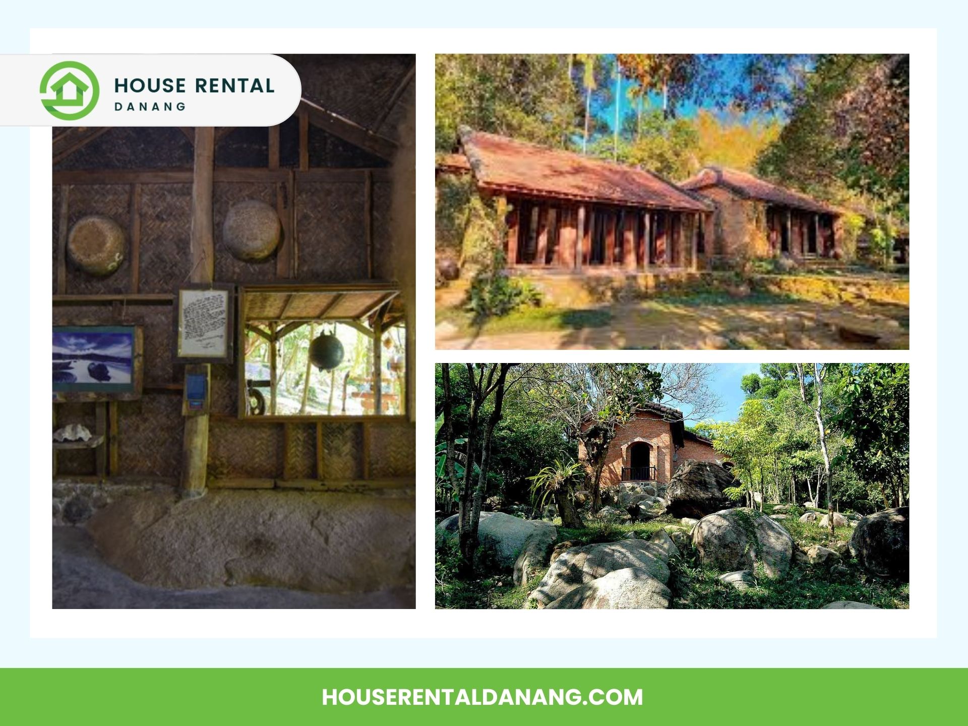 Collage of three cottages in natural settings, with a "House Rental Danang" logo and website URL. The cottages feature rustic designs surrounded by lush greenery and rocky landscapes, echoing the artistry found at the Da Nang Fine Arts Museum.